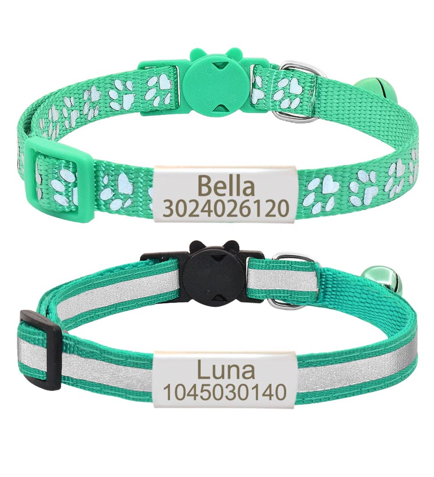 Senristar Personalized Reflective Cat Collar 2-Pack | Custom Breakaway Collars with Name Shield & Bell | Anti-Losing Name Tag for Cats | Fits 20-28 cm | Green - Buy Online on GoSupps.com