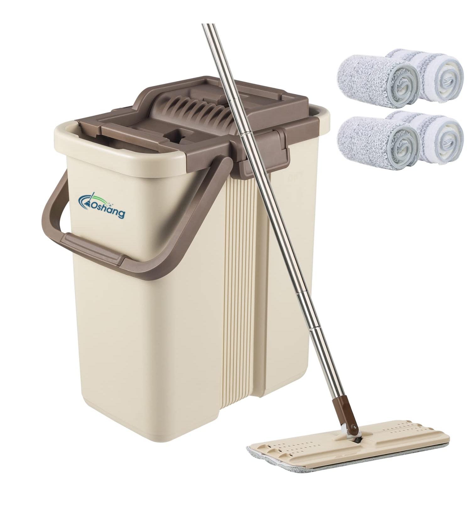 Oshang Flat Squeeze Mop and Bucket - Hand-Free Wringing - 4 Washable Microfiber Pads - for Hardwood, Laminate, Tile Floors - Buy Online on GoSupps.com