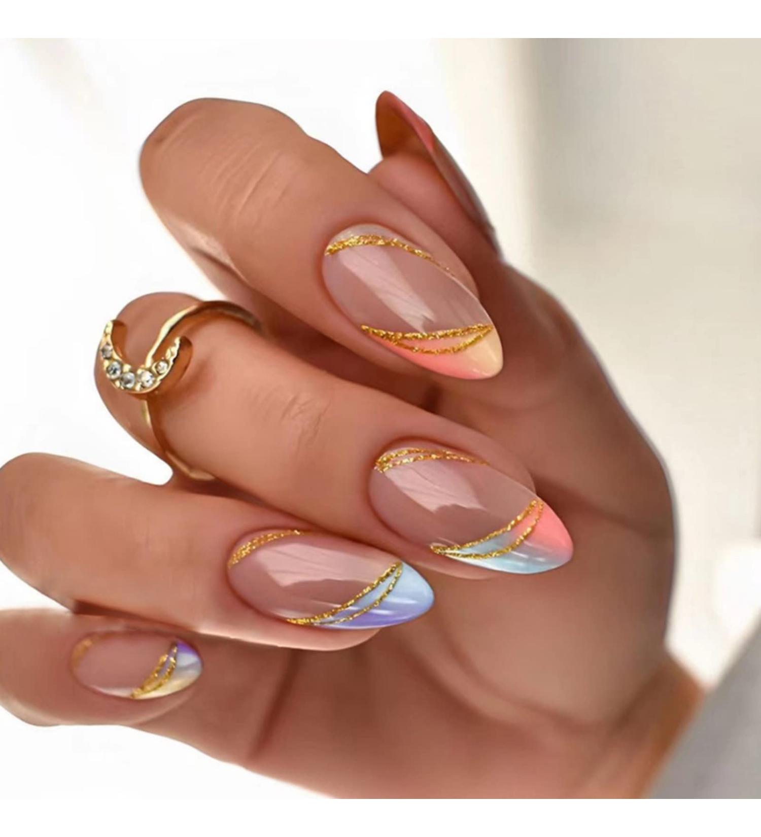 JUSTOTRY 24 Pcs Gold Stripes Almond Short False Nails - Rainbow French Press on Nails | Colourful Fake Nails with Nail Glue | Oval Medium Stick on Nails for Women and Teens - Nails Art - Buy Online on GoSupps.com