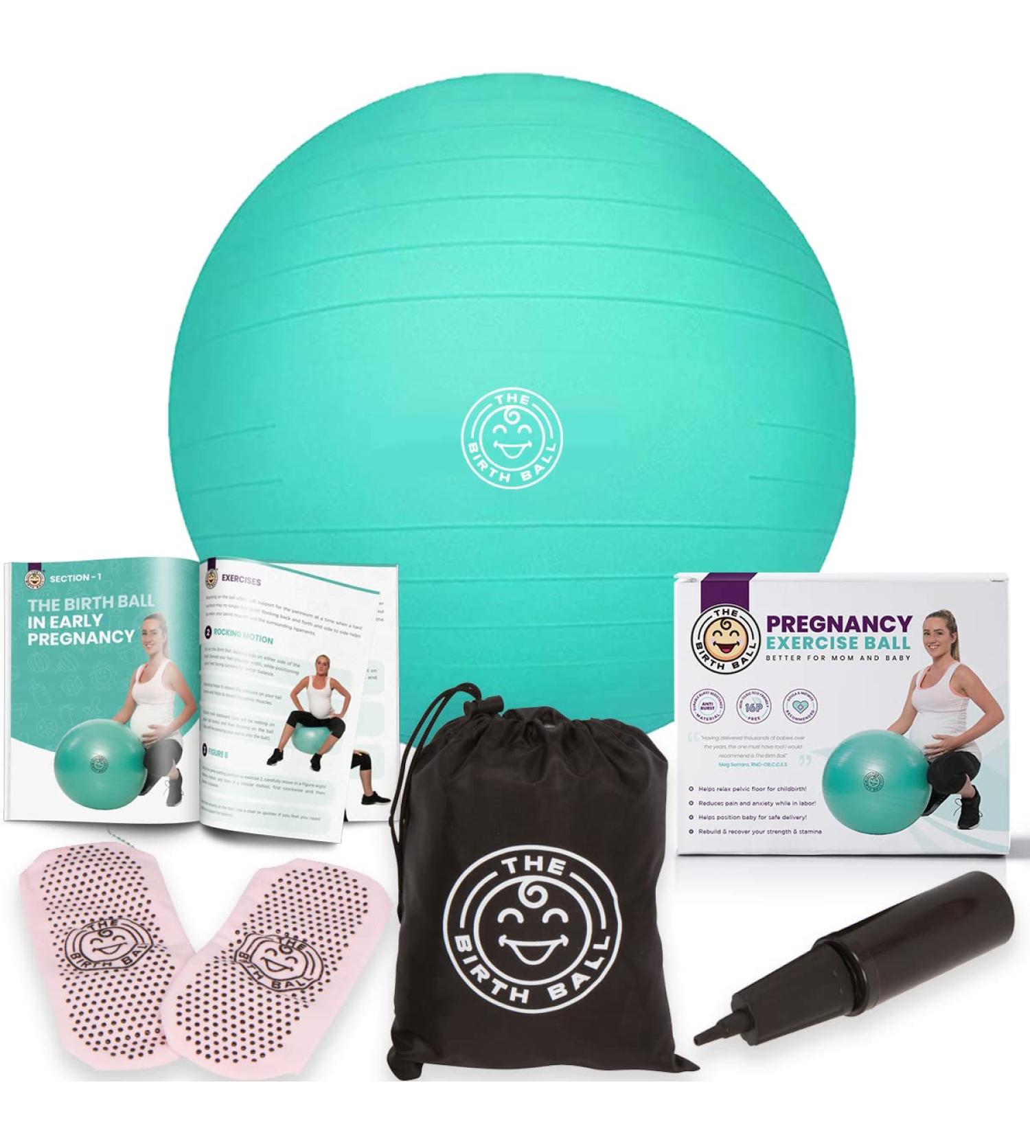 The Birth Ball - Birthing Ball for Pregnancy & Labor - 18 Page Pregnancy Ball Exercises Guide by Trimester - Non Slip Socks - How to Dilate  Induce  & Reposition Baby for Mom Mint Green 65 cm - Buy Online on GoSupps.com