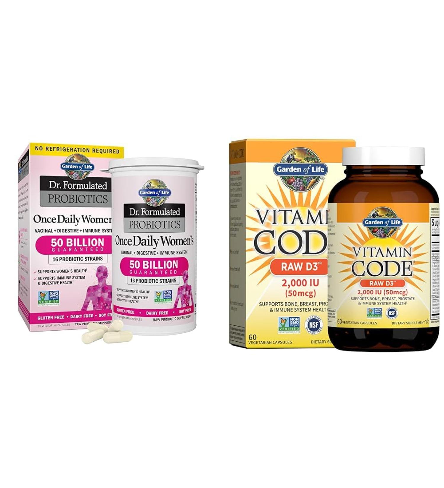 Garden of Life Women's Probiotics 50 Billion 16 Strains 30 Count and Vitamin D3 2 000 IU Raw D3 60 Count - Buy Online on GoSupps.com