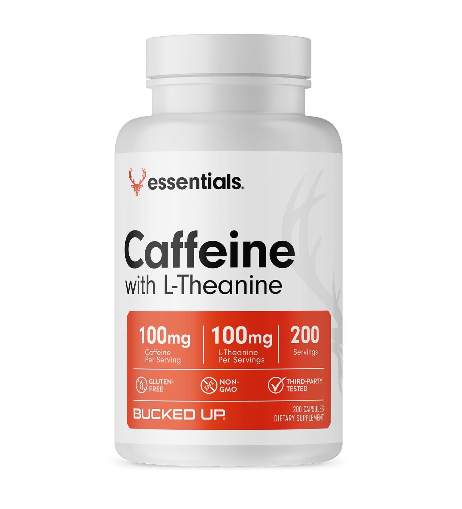 Bucked Up Caffeine with L-Theanine | 100mg Caffeine + 100mg L-Theanine per Serving | Non-GMO | Gluten-Free | Third-Party Tested Energy Support Supplement - 200 Servings (200 Capsules) - Buy Online on GoSupps.com