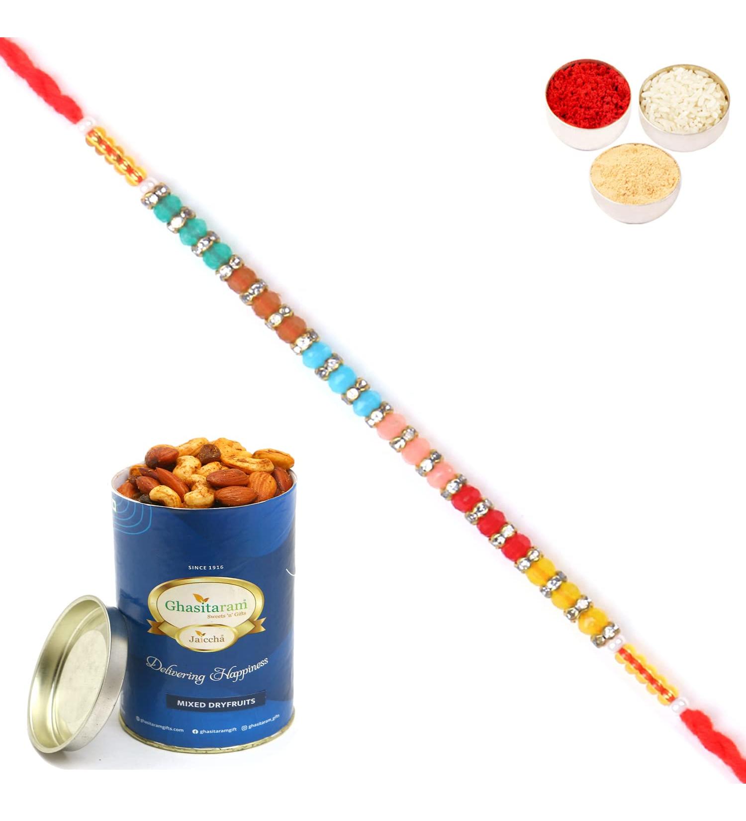 Ghasitaram Gifts Rakhi for Brother Rakhis Online - 6518 Fancy Thread Rakhi with 100 GMS of Dryfruits Mix Can - Buy Online on GoSupps.com