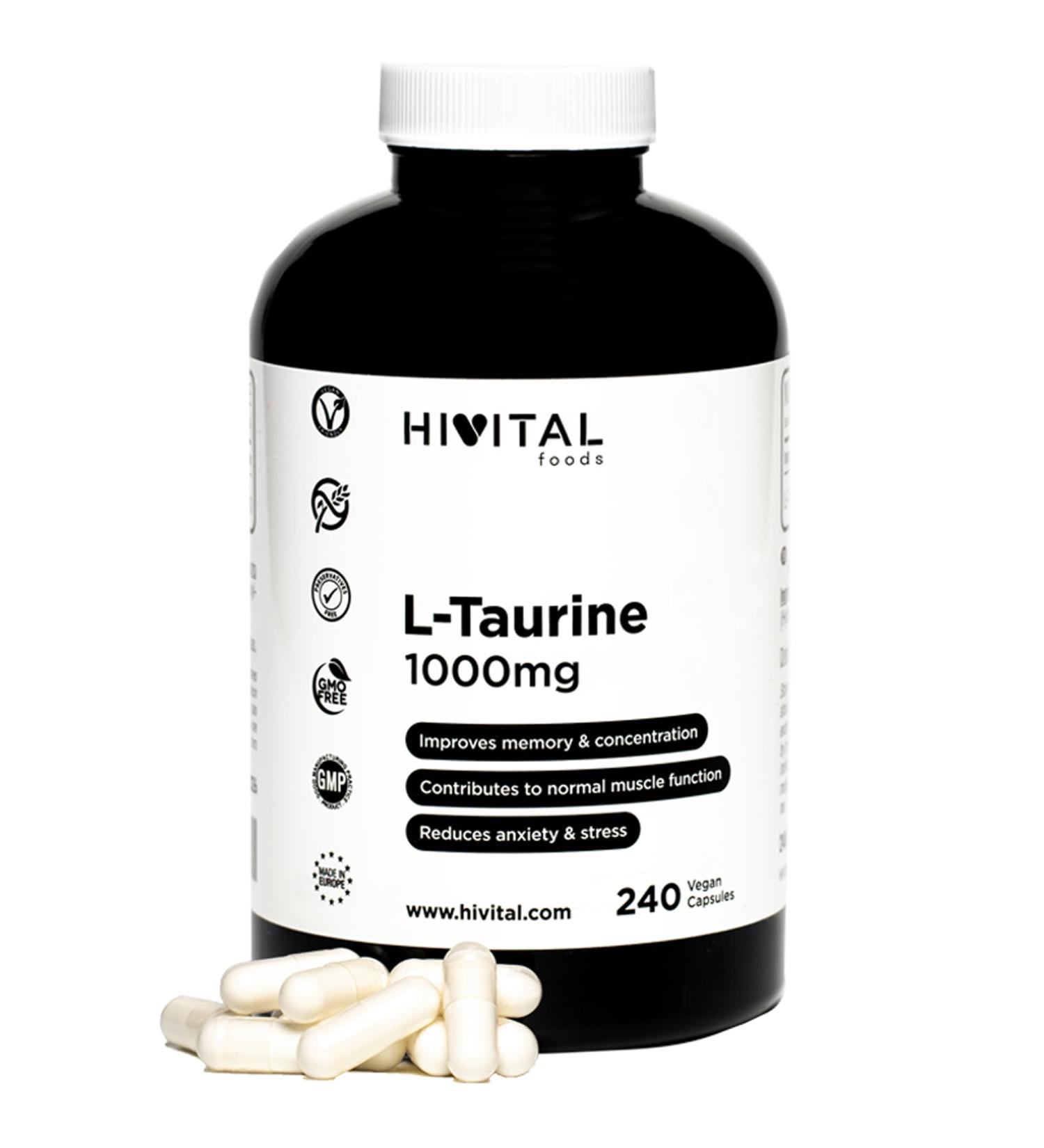L-Taurine 1000 mg. 240 vegan capsules for 4 months. Taurine is an amino acid that improves memory and concentration fights stress and anxiety and increases strength and endurance. - Buy Online on GoSupps.com