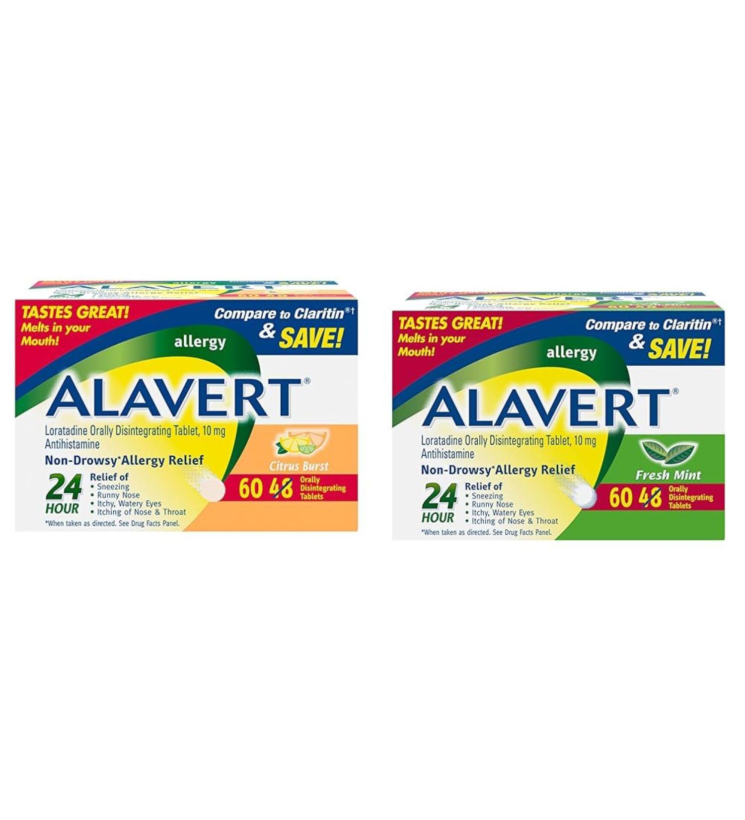 Alavert Allergy 24 Hour Relief Citrus Burst Flavor & Allergy 24 Hour Relief Fresh Mint Flavor Orally Disintegrating Allergy Tablets Non-drowsy Antihistamine Loratadine 10mg 60 Count - Buy Online on GoSupps.com