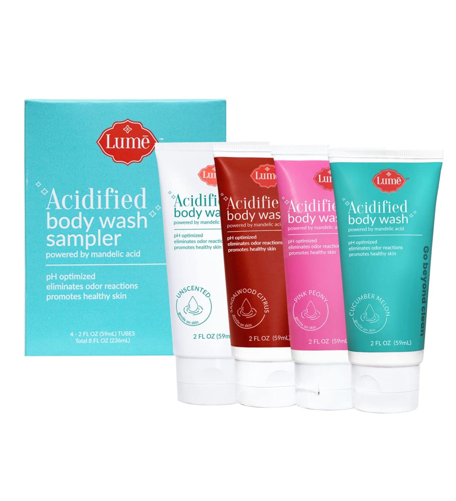 Shop Lume Acidified Body Wash Mini Sampler 4-Pack - pH Optimized, Odor Eliminating, Skin Softening - 2oz Each - Buy Online on GoSupps.com