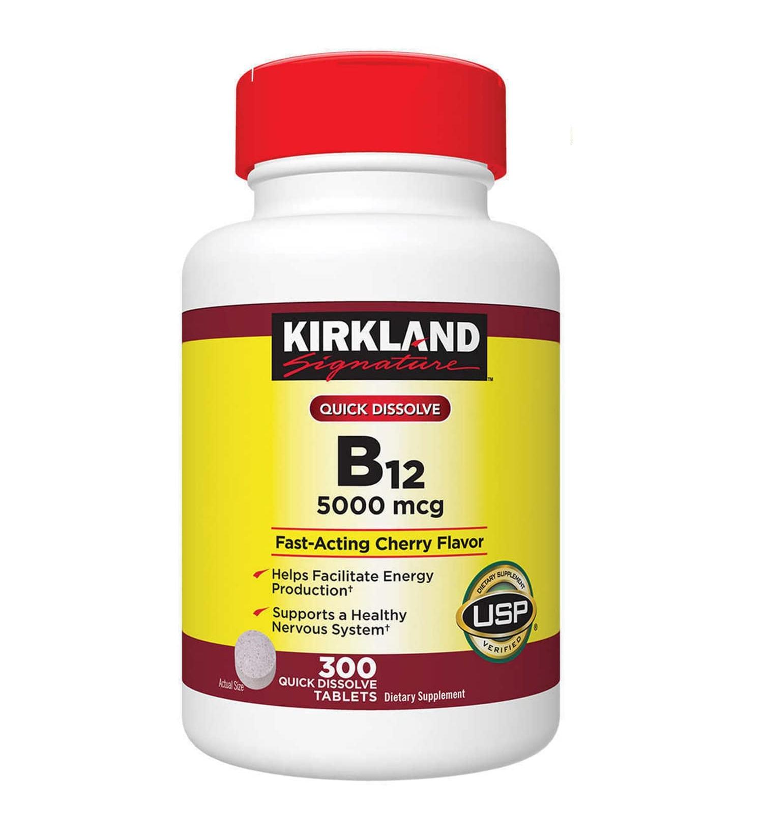 Kirkland Signature Quick Dissolve B12 5000 mcg Energy Supplement 300 Tablets - Cherry Flavor - Buy Online on GoSupps.com