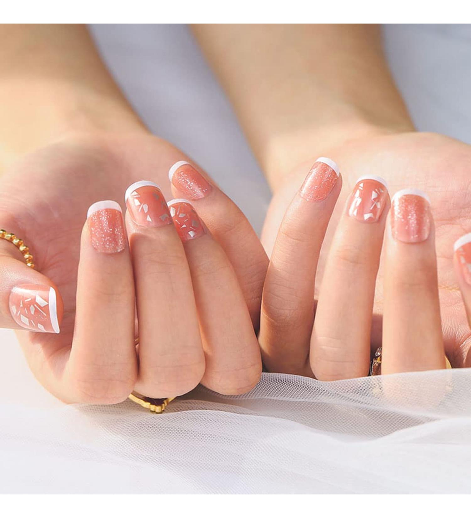 Sethexy Glossy Square Short False Nails - Bright Pink French Tips | Complete 24pcs Nail Art for Women & Girls | Sparkle & Shine - Buy Online on GoSupps.com