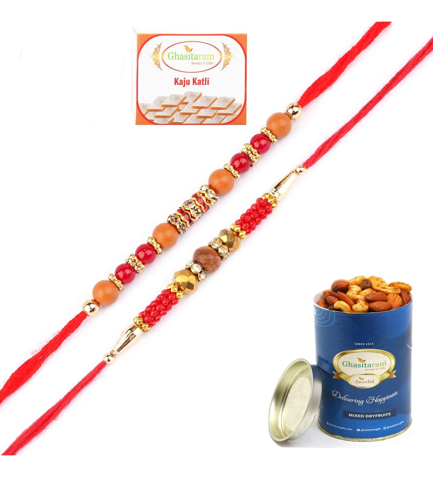 Ghasitaram Gifts Rakhi for Brother Rakhis Online - Set of 2- Nbh-226 and 6945 Rakhi Thread with 100 GMS of Dryfruits Mix Can 200 GMS of Kaju katli - Buy Online on GoSupps.com