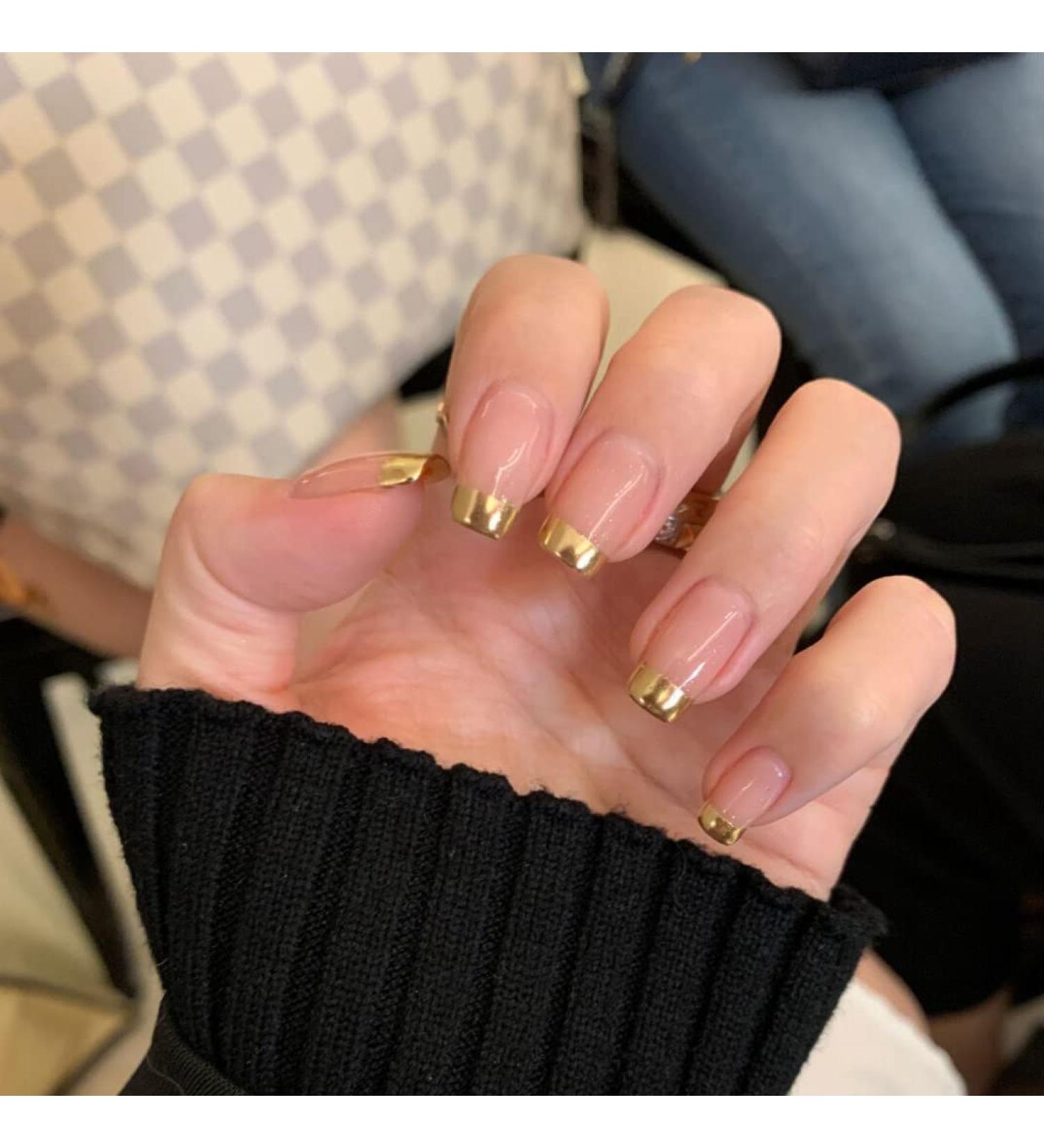 Justotry 24pcs Short Acrylic Press On Nails Set - Glitter Coffin & French False Nails for Women | Nail Art Salon Quality with Glue | Sparkly Gold & Ballet Design - Buy Online on GoSupps.com