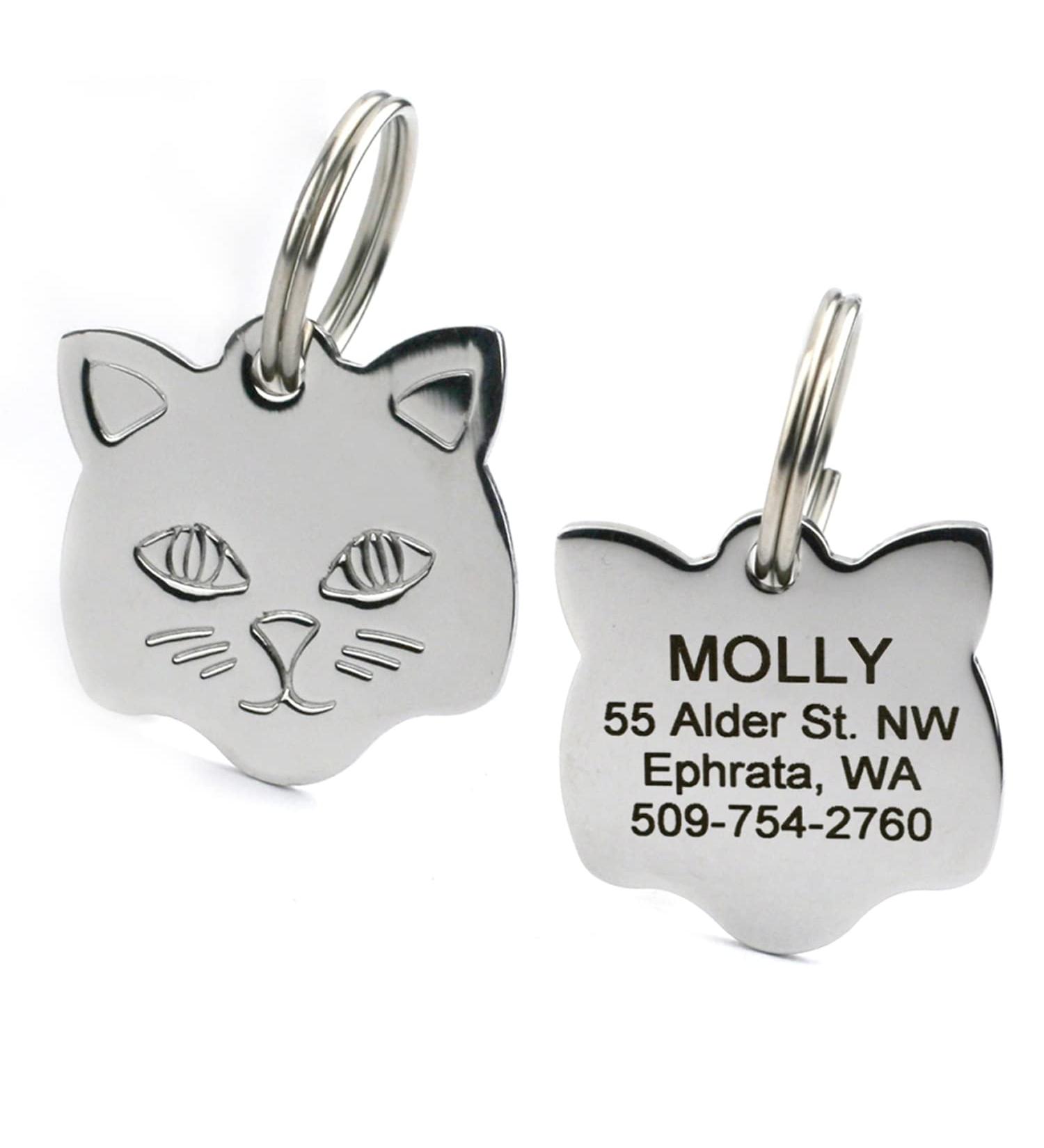 Personalized Stainless Steel Cat Shape Pet ID Tag by GoTags | Custom Engraved Cat ID Tag with 4 Lines of Text | Kitty Face Design - Buy Online on GoSupps.com