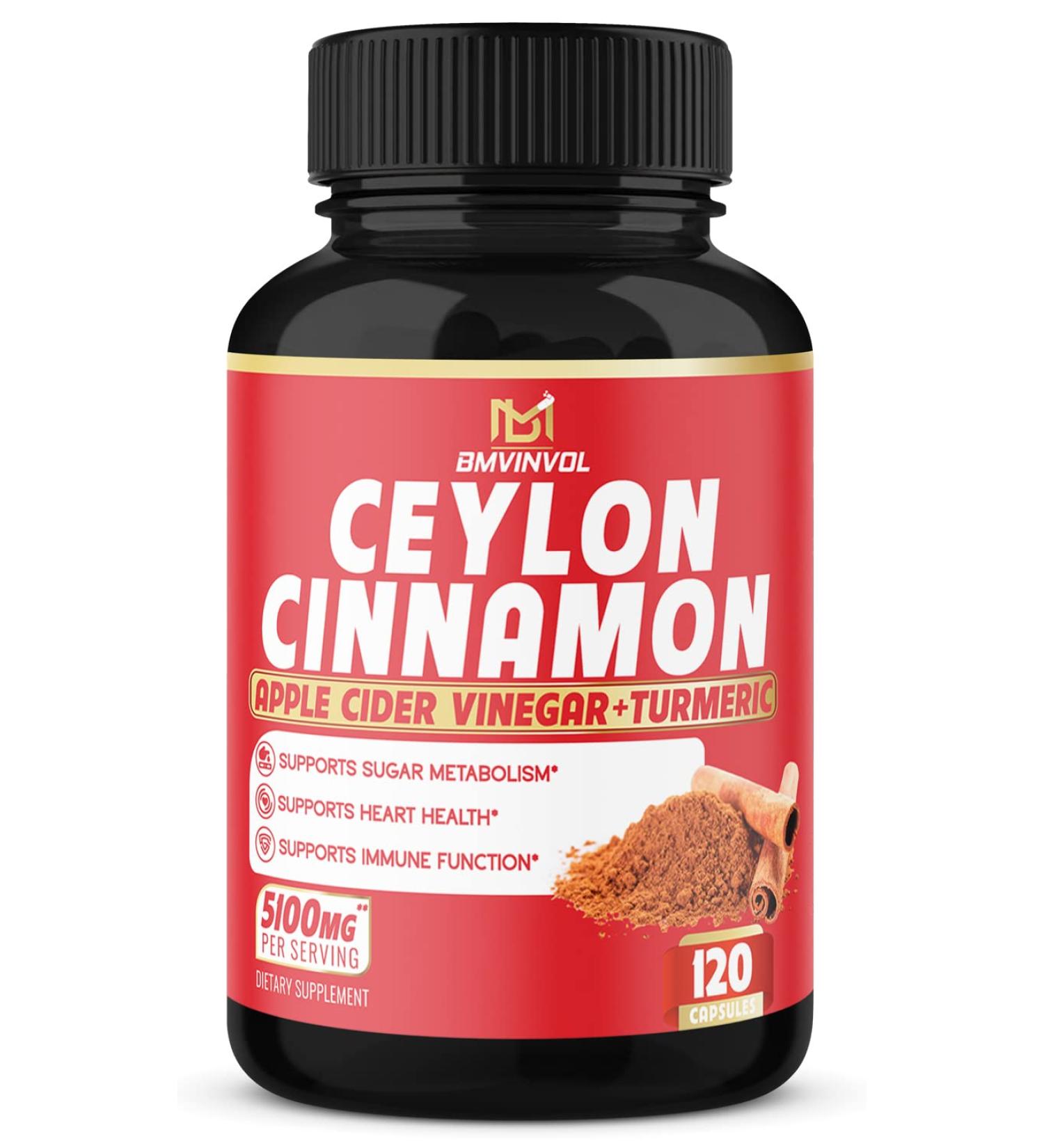 Ceylon Cinnamon Capsules 5100mg - Antioxidant Support - 120 Capsules with Berberine, Apple Cider Vinegar, Turmeric & Ginseng - Buy Online on GoSupps.com