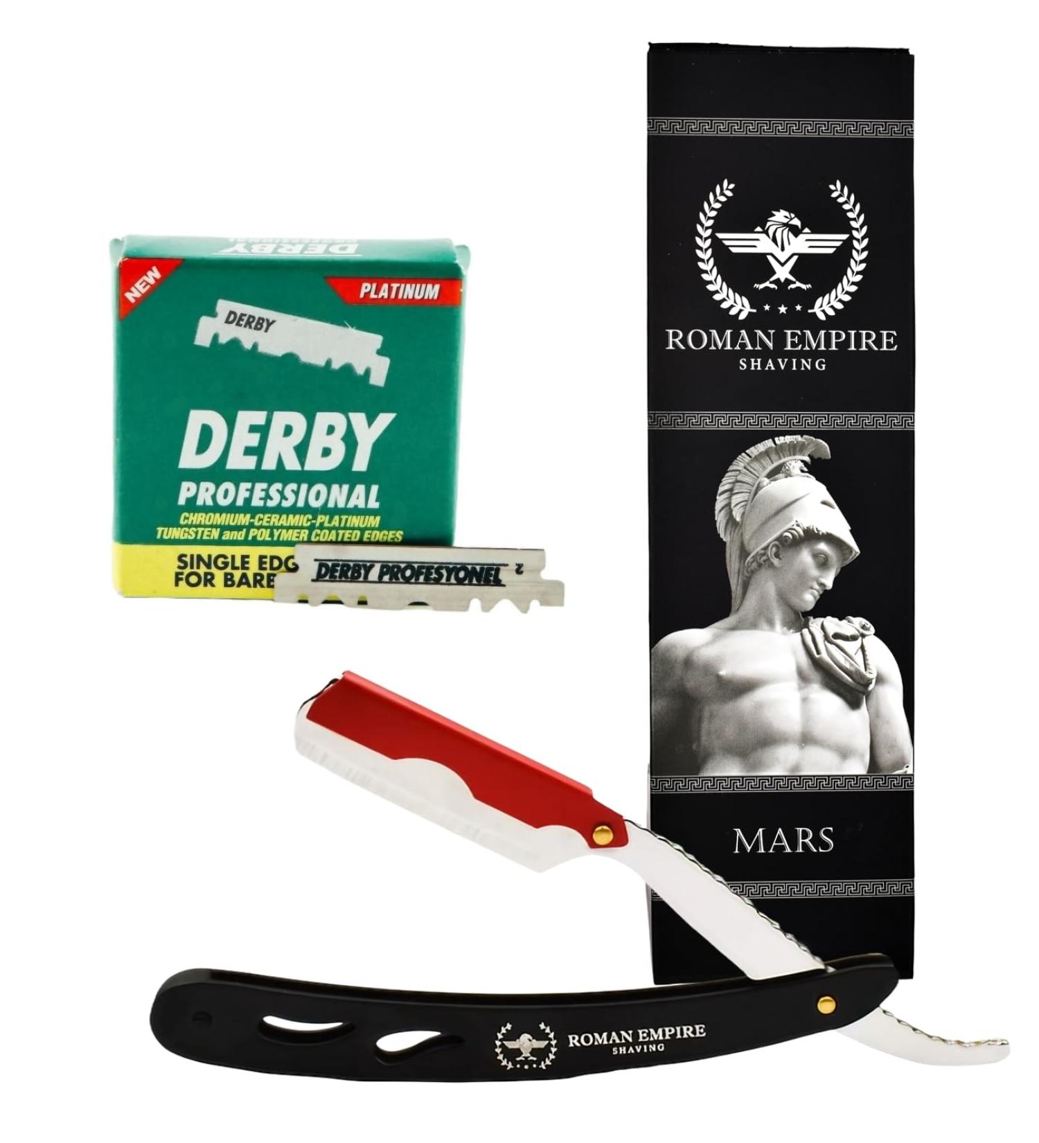 Roman Empire Shaving Mars: Professional Beard Mustache & Contour Razor with 100 Derby Blades - International Shipping Available - Buy Online on GoSupps.com