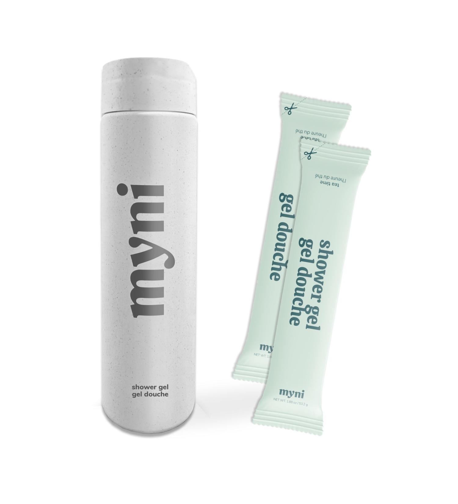 Myni Shower Gel Starter Set - Hydrating Body Wash in Eco-Friendly Bottle - Vegan & Sulfate-Free - Natural Ingredients - 2 Powder Refills - Gentle on Skin - International Shipping Available - Buy Online on GoSupps.com