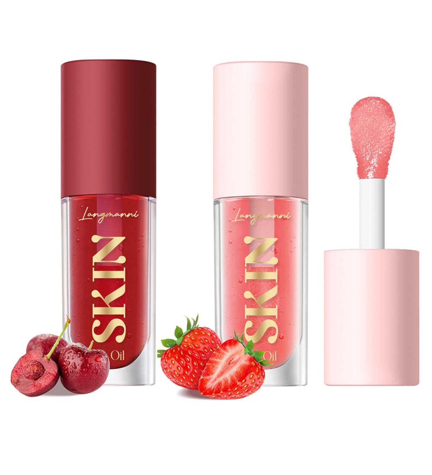 2Pack Hydrating Lip Glow Oil - Plumping Lip Tint, Glossy Balm Set - Strawberry + Cherry - Buy Online on GoSupps.com