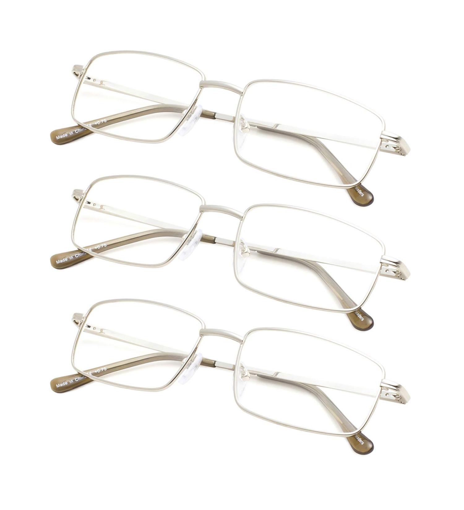 3-Pack Large Rectangular Reading Glasses for Men - Silver 1.25x with Spring Temple - International Shipping Available - Buy Online on GoSupps.com