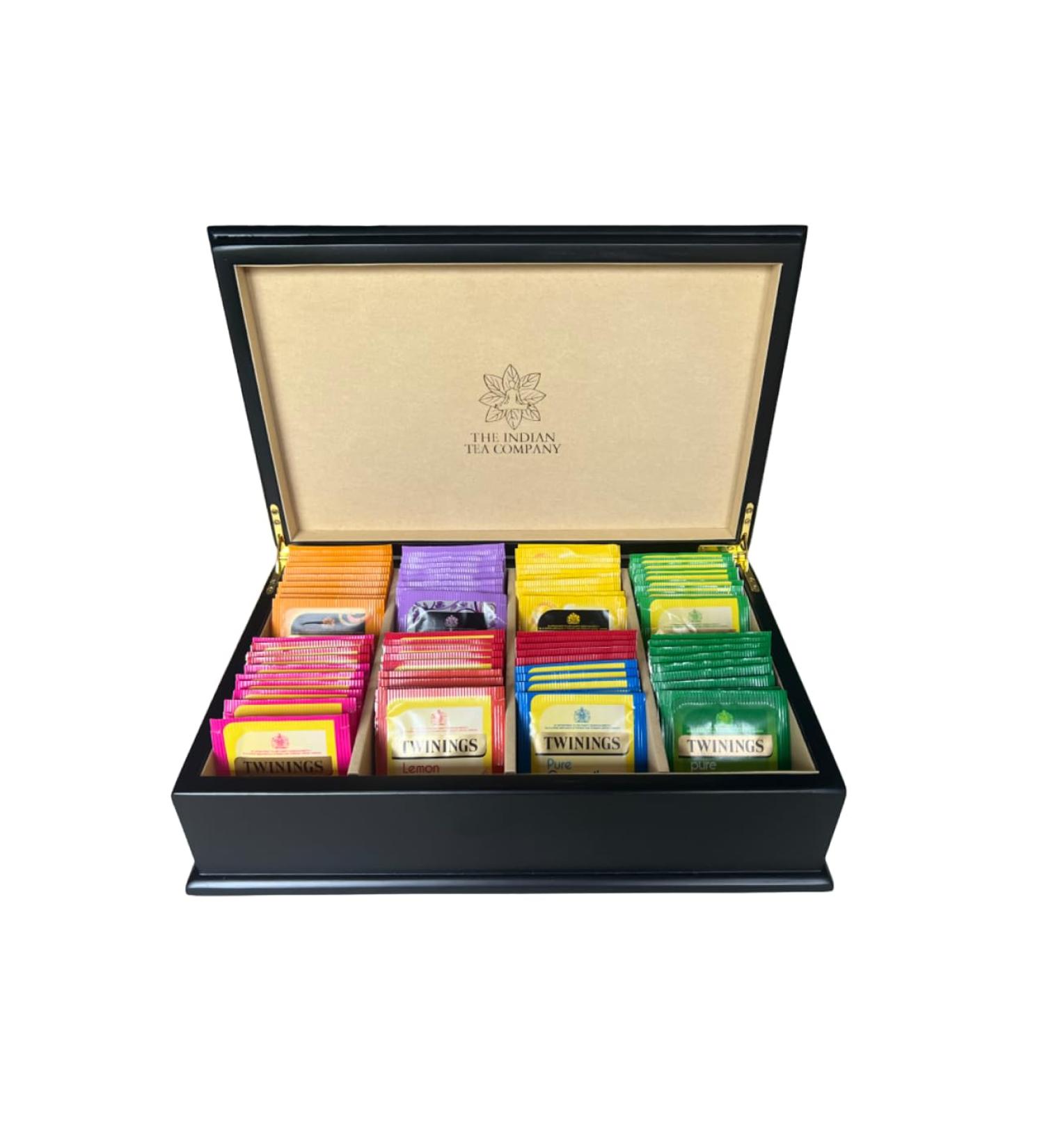 Indianteacompany ITC Luxury Wooden Black Tea Chest Caddy 8 Compartment with Cream Velvet with 80 Twinings Individually Wrapped Tea Bags - Buy Online on GoSupps.com