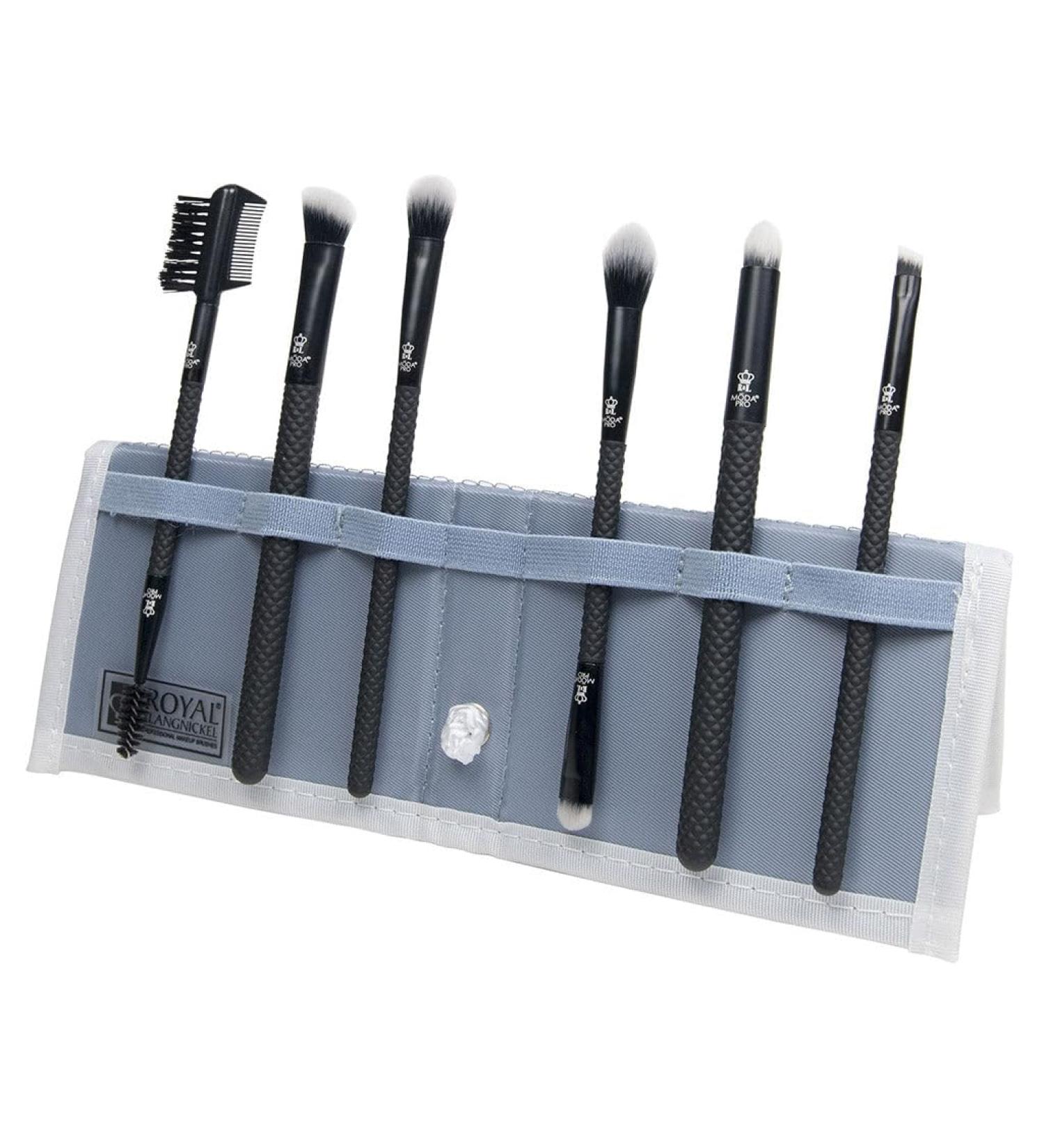 MODA Royal & Langnickel Pro Travel Size Beautiful Eyes 7pc Makeup Brush Set with Pouch Includes - Angle Shader Crease Smudger Eye Shader Smoky Eye Brow Liner and Lash Comb Brushes Black - Buy Online on GoSupps.com