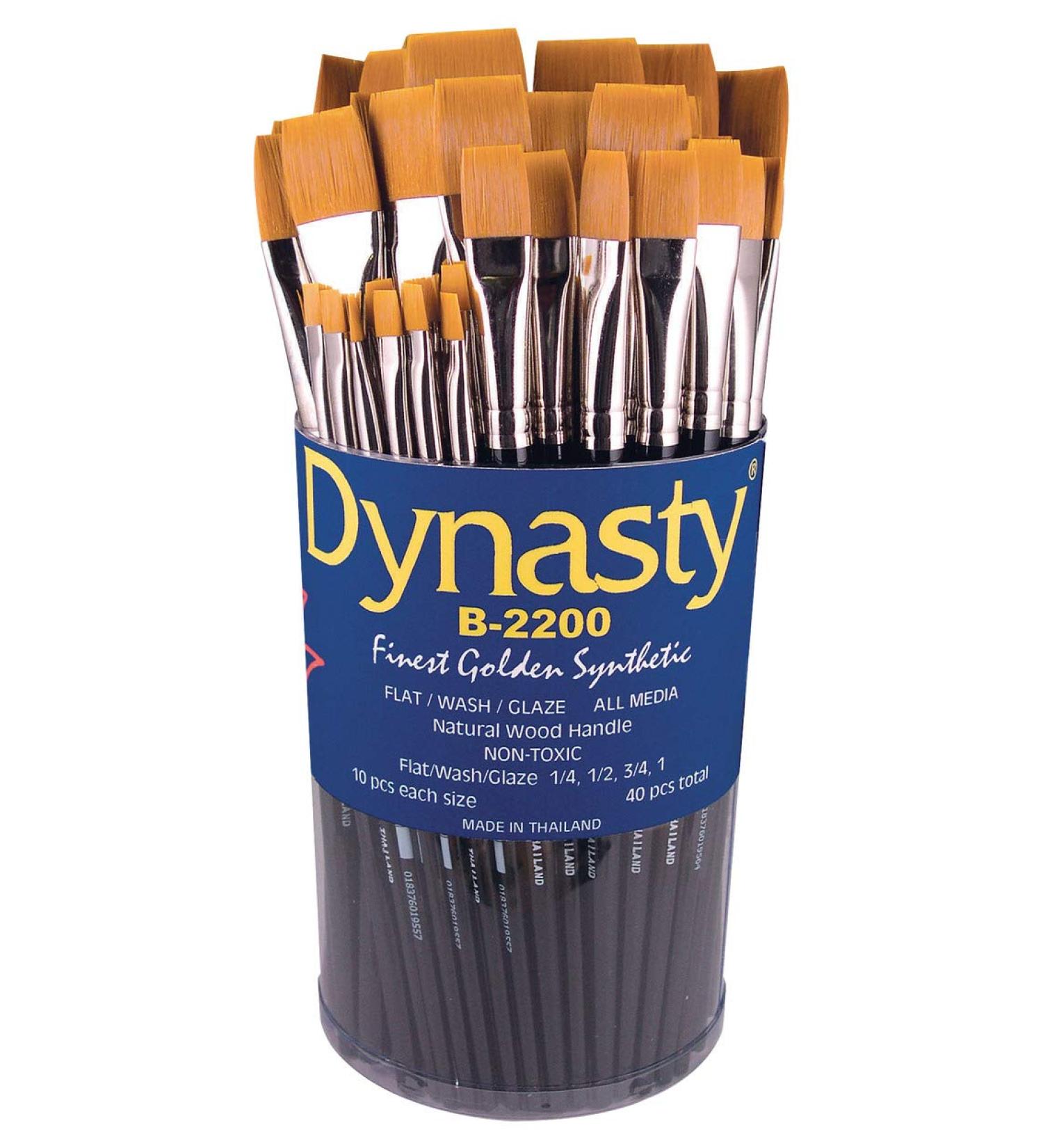 Dynasty B-2200 Golden Synthetic Short Handle Brushes - Assorted Flat Sizes - Set of 40 - Black