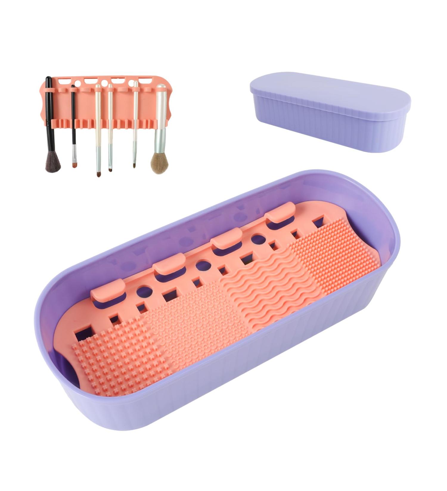 Silicone Makeup Brush Cleaner Mat & Drying Holder - Portable 3 in 1 Organizer for Brushes Beauty Sponges & Powder Puffs - Purple - Buy Online on GoSupps.com