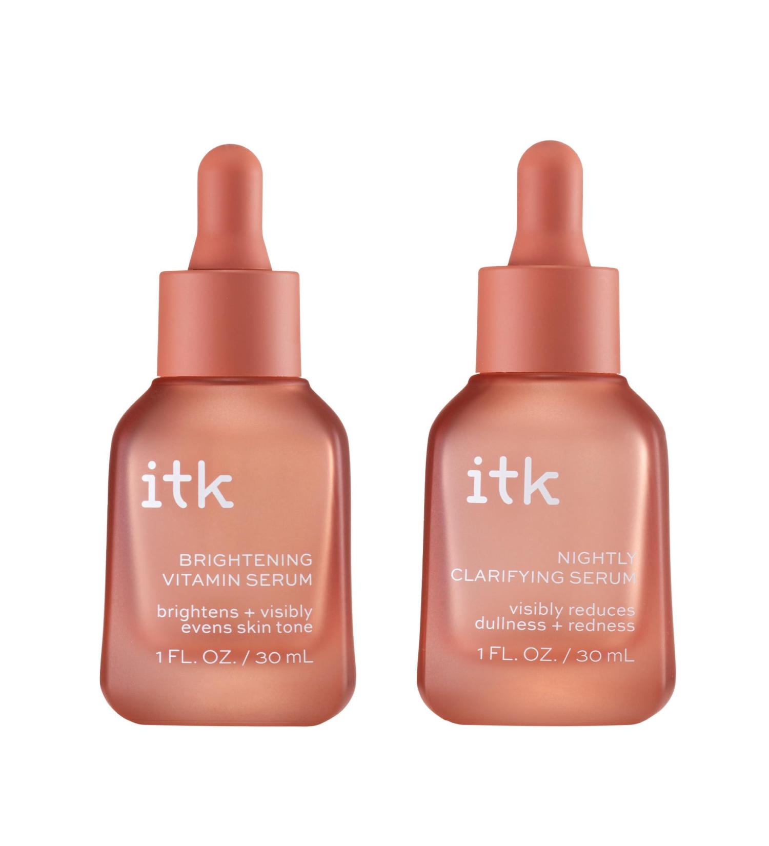 ITK Skincare 2-Part Face Serum Set for Brightening Skin Correcting Dark Spots + Reducing Fine Lines - Vitamin C AM Face Serum with Light Niacinamide + Clarifying Peptides PM Face Serum with Bakuchiol - Buy Online on GoSupps.com