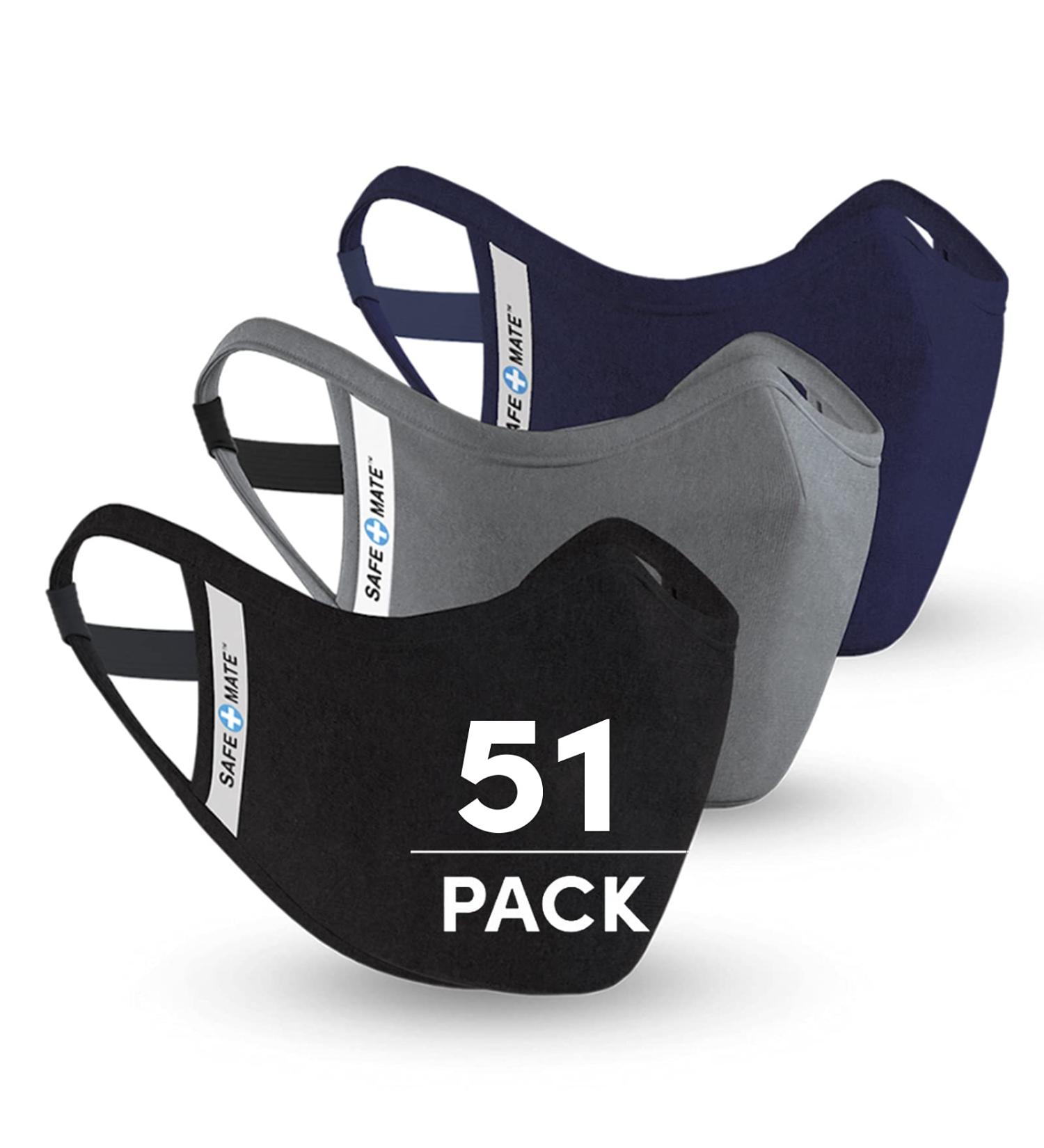Safe+Mate x Case-Mate Cloth Face Mask 51 Pack - Washable Reusable Cotton Masks with Filters - Adult S/M - Black/Navy/Gray - Buy Online on GoSupps.com