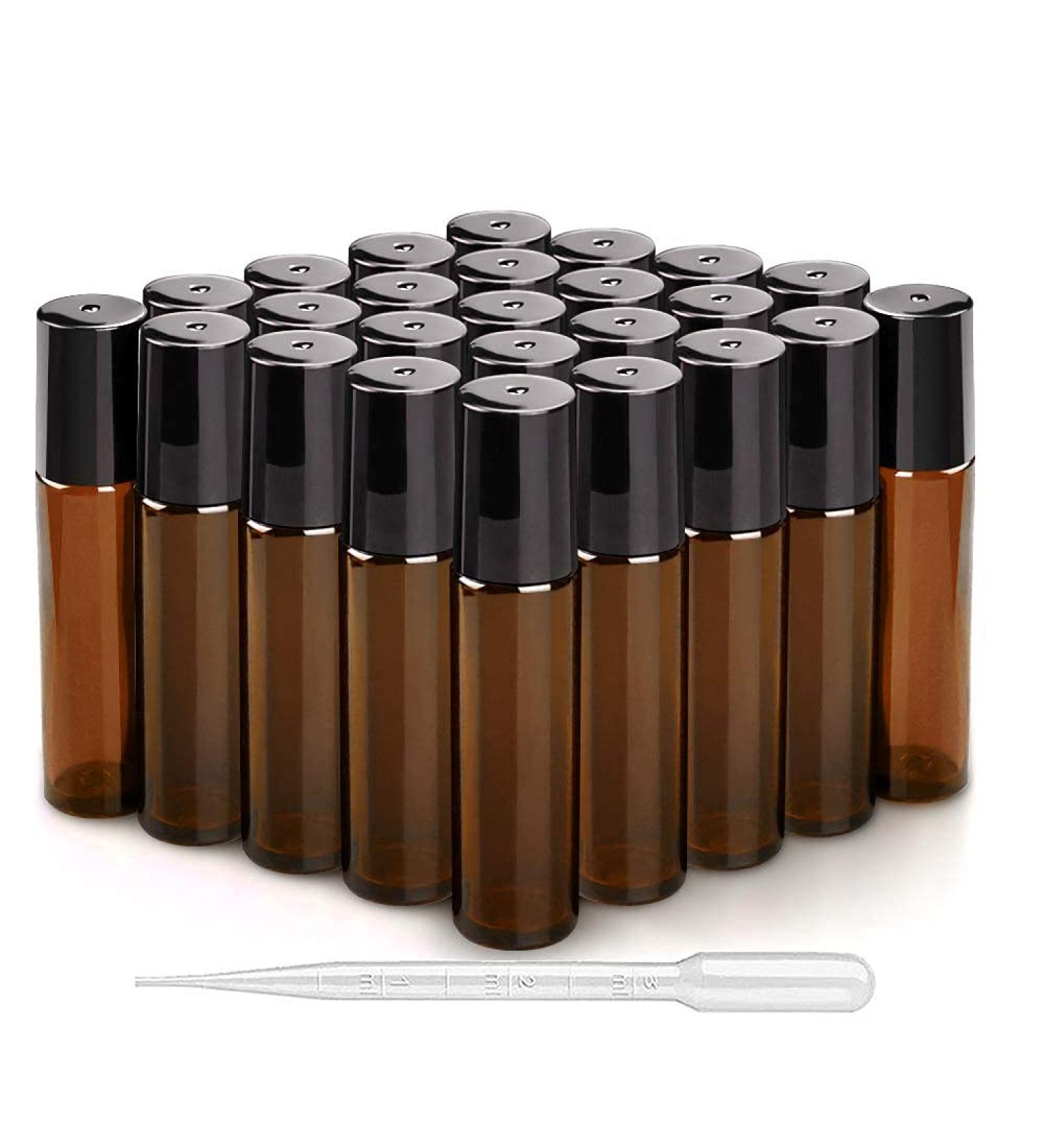 25 Pack 10ml Amber Glass Roller Bottles with Stainless Steel Balls Empty Leakproof UV Protection Essential Oil Glass Roller Bottle Including 1 Bottle Opener and 1 Dropper - Buy Online on GoSupps.com