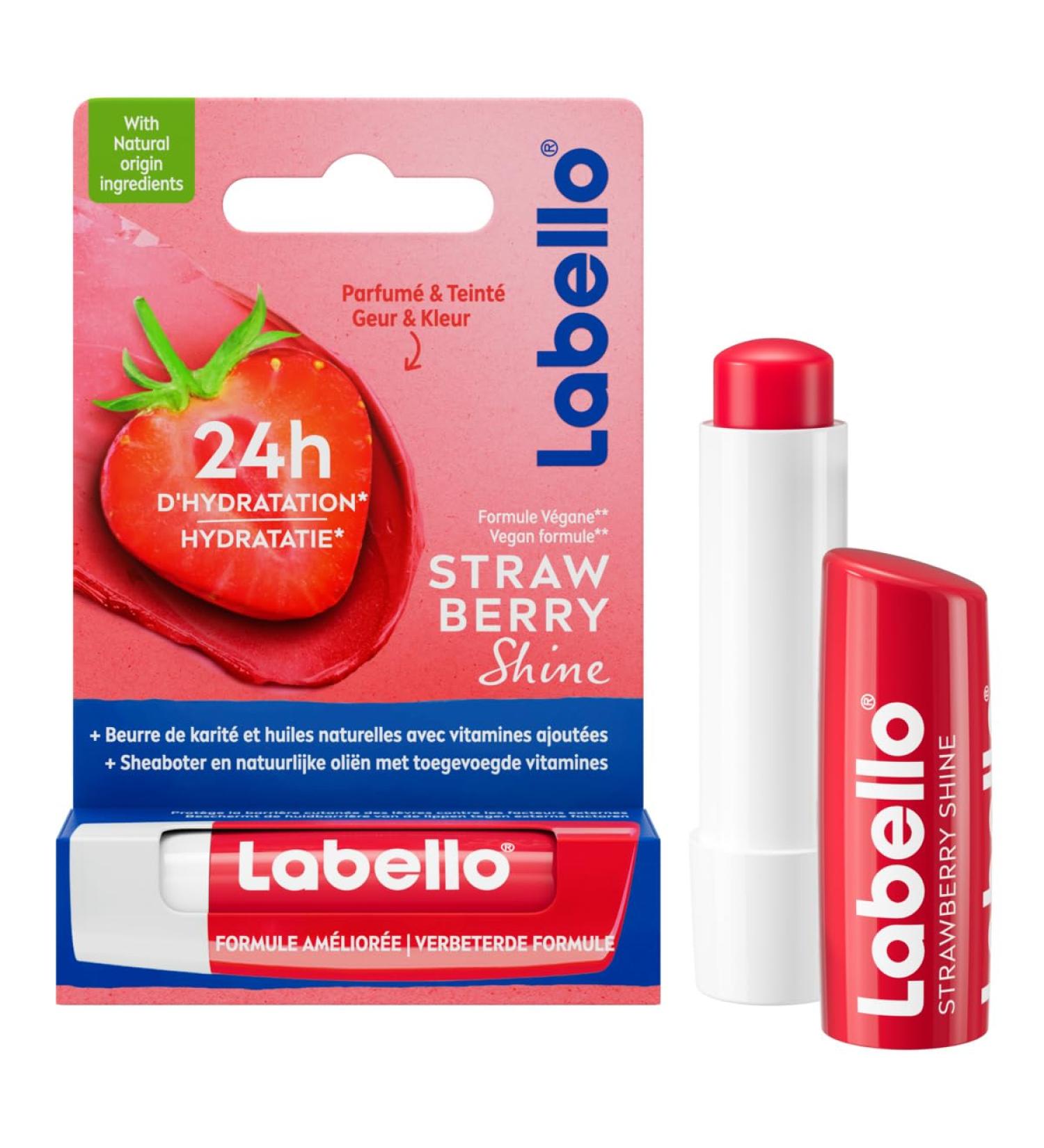 LABELLO Strawberry Shine (1 x 5.5 ml) Lip balm enriched with natural oils and vitamins C & E Hydrating lip care - Buy Online on GoSupps.com