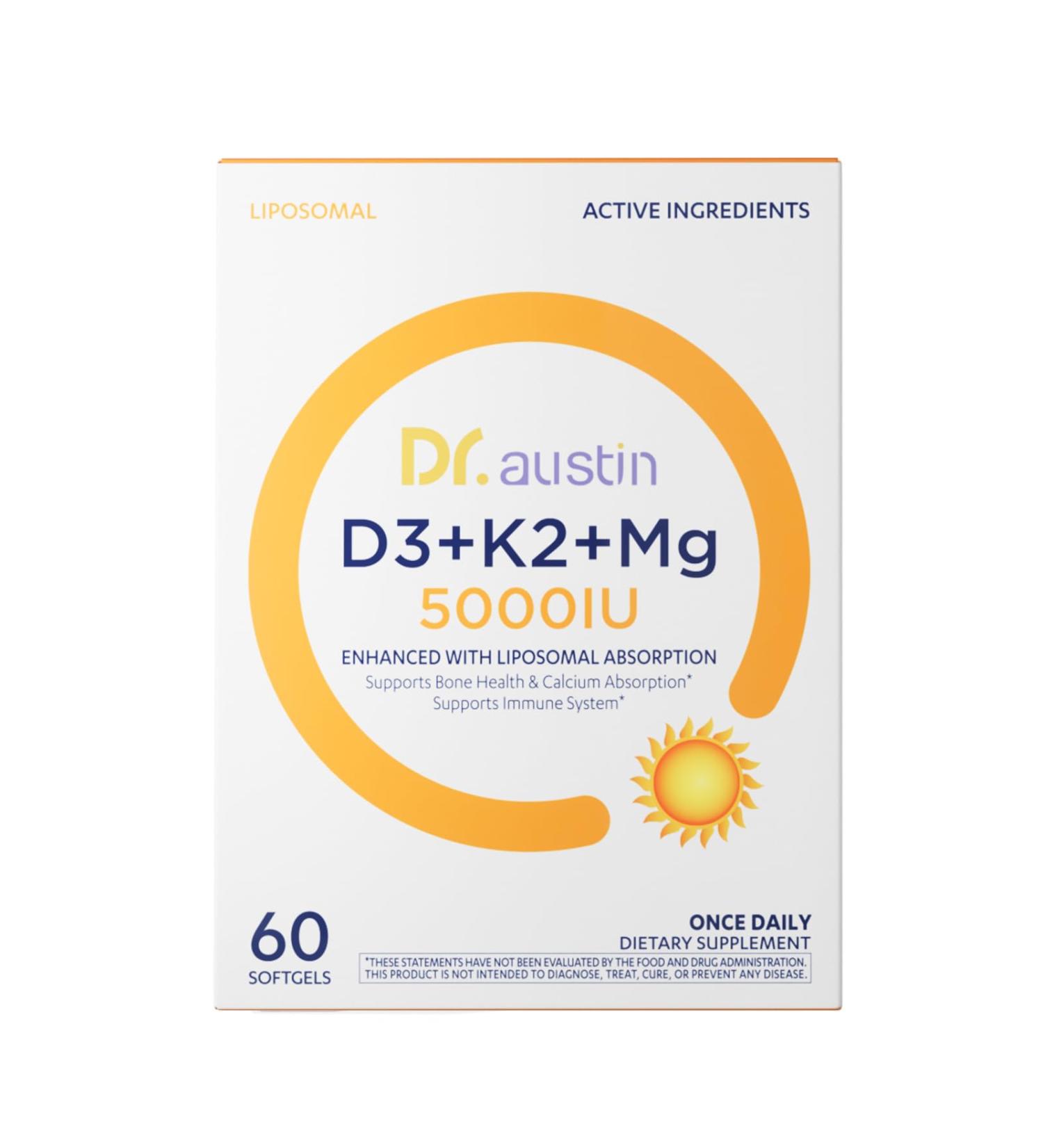 Dr. Austin Liposomal Vitamin D3 5000IU with K2 & Magnesium | Nano Targeted Delivery for High Absorption | Prenatal & Daily Immune Support | 60 Softgels (1) - Buy Online on GoSupps.com