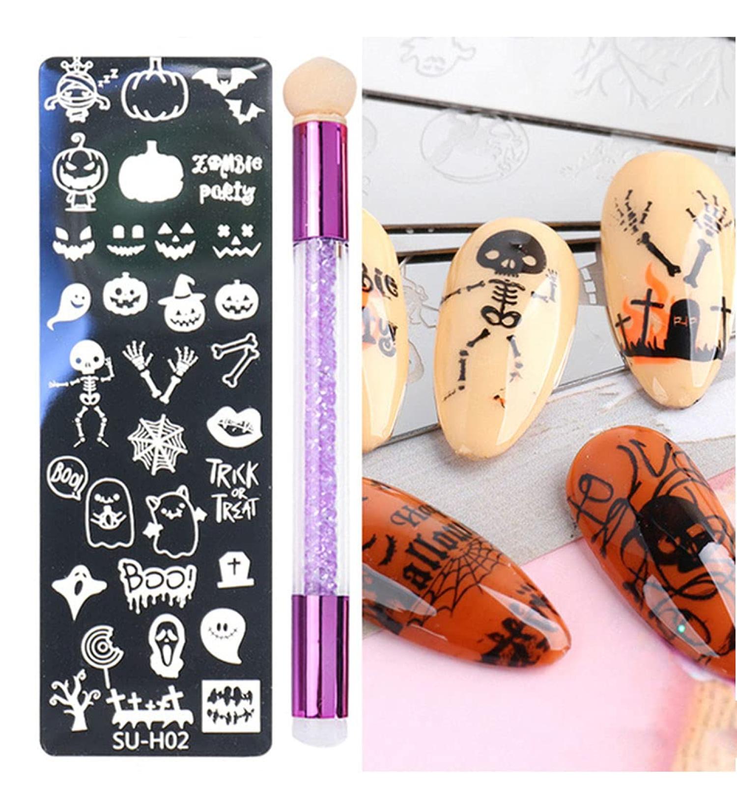 healthGUO Nail Art Stamping Plate Stamper Sponge Pen Halloween Pumpkin Bats Image Nail Polish Template Stamp Stencil Tools Kit 2 - Buy Online on GoSupps.com