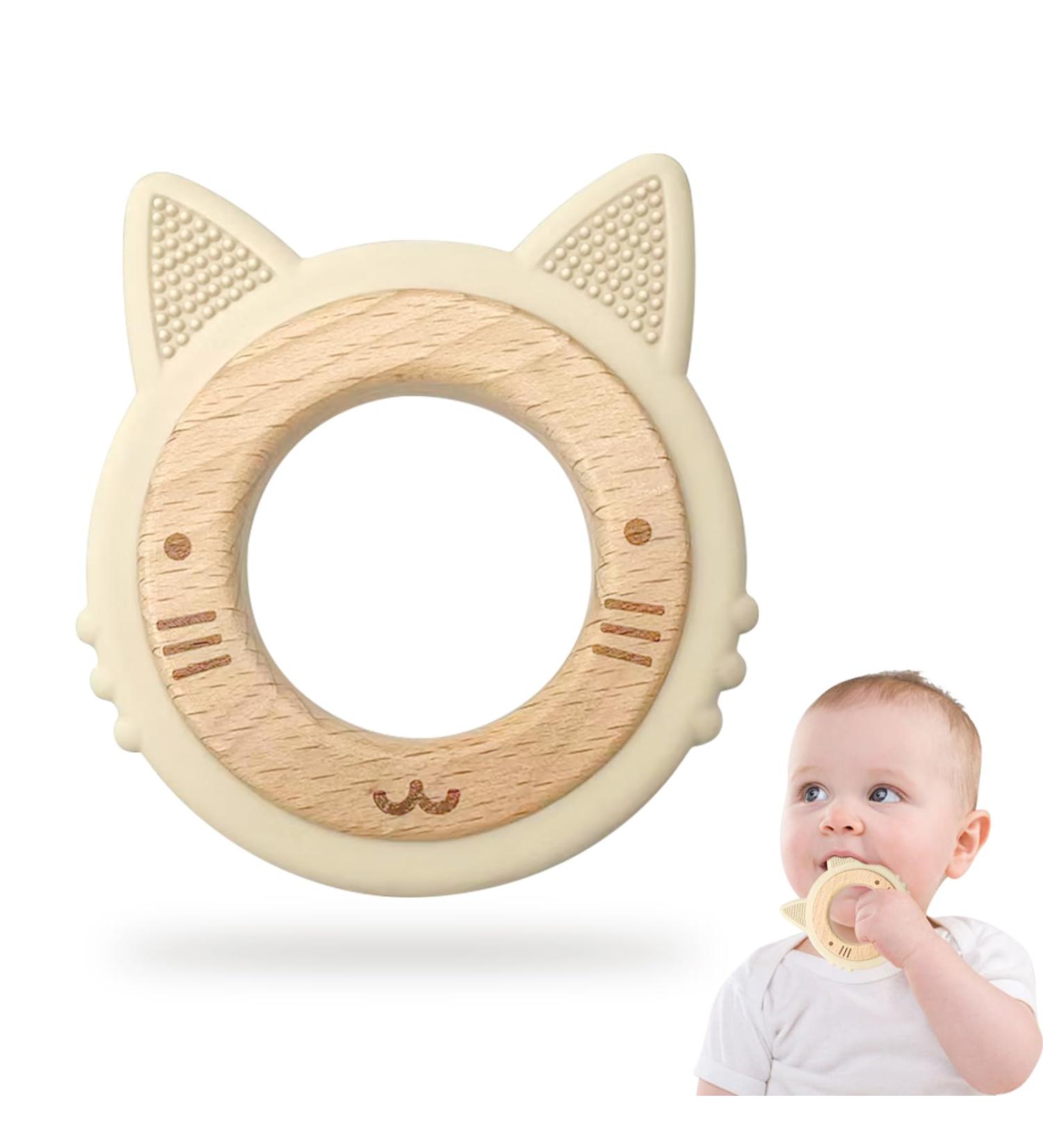 Natural Wood & Silicone Cat Bite Ring | Eco-Friendly Baby Toy - BPA Free Safe Gripping Toy Perfect Birth Gift - Buy Online on GoSupps.com