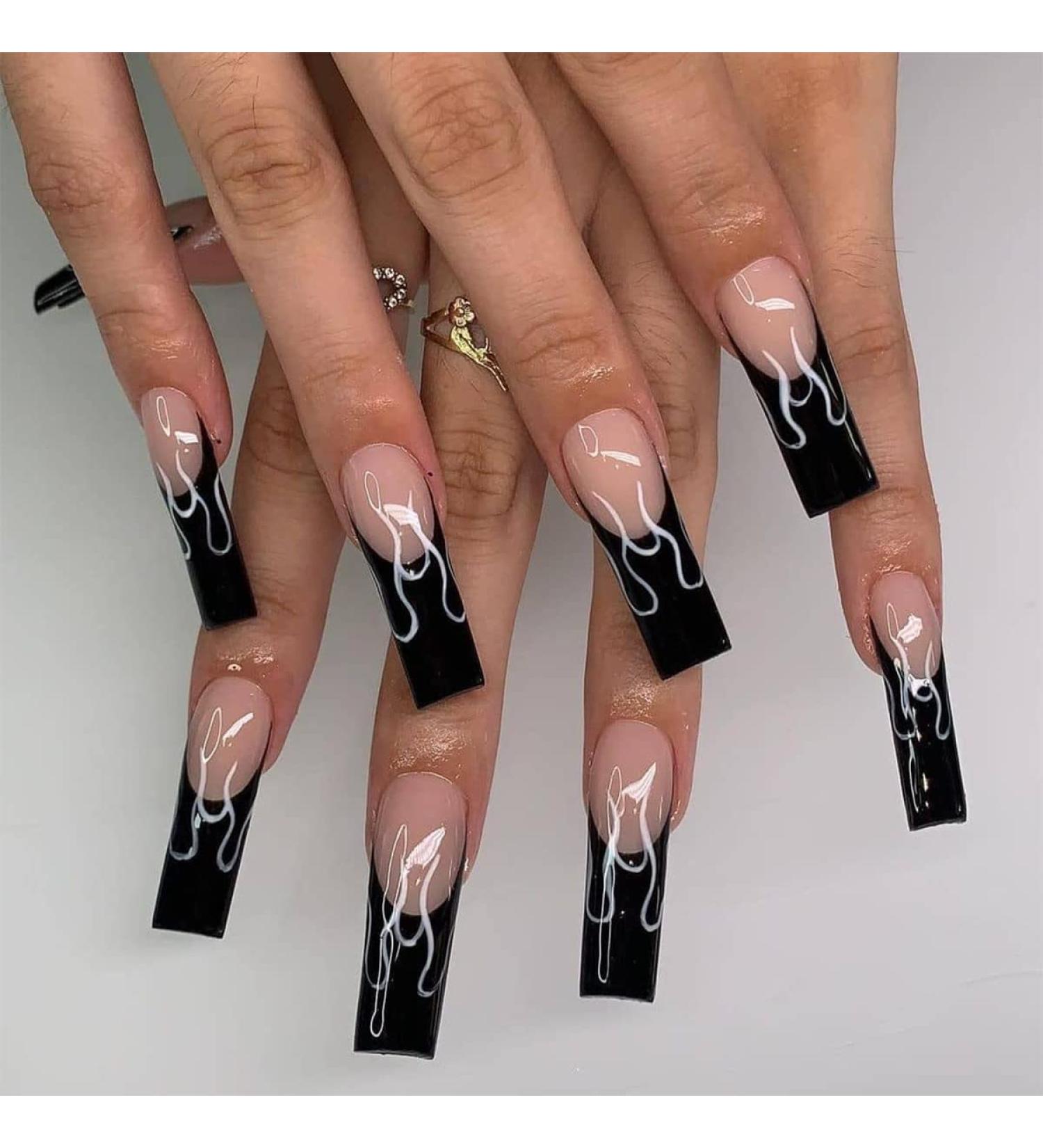 French Tip Press on Nails - Long style Press On Nails with Nail Tips Black French Flame Design Nake Pink Glossy press on nails Acrylic False Nails Cute Artificial Nails - Buy Online on GoSupps.com