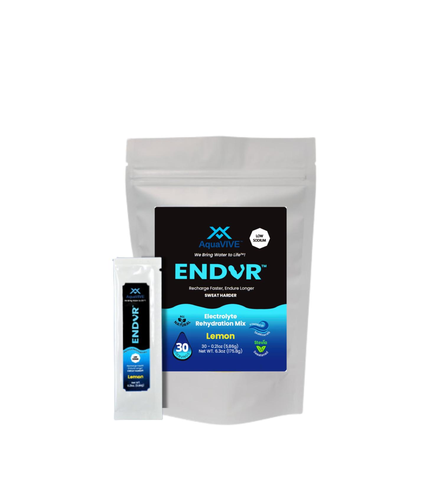 AquaVIVE ENDUR Electrolytes Powder - Lemon Flavored Rehydration Mix Packets with Magnesium Glycinate Sugar Free Stevia Sweetened Low Sodium Sea Minerals Real Lemon Juice - 30 Packets - Buy Online on GoSupps.com