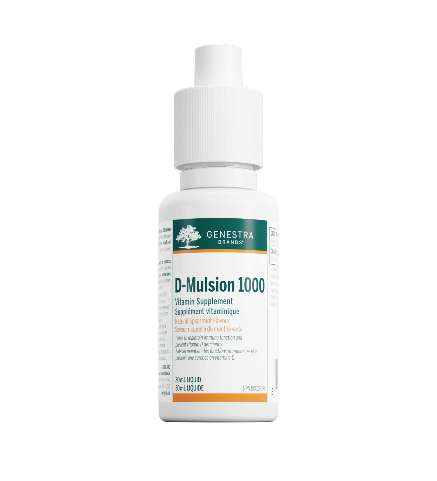 Genestra Brands D-Mulsion 1000 IU - Liquid Vitamin D3 - For Healthy Bones & Teeth - Immune Function Support - Non-GMO Gluten Free & Dairy Free - 30 mL - Natural Spearmint Flavour - Buy Online on GoSupps.com
