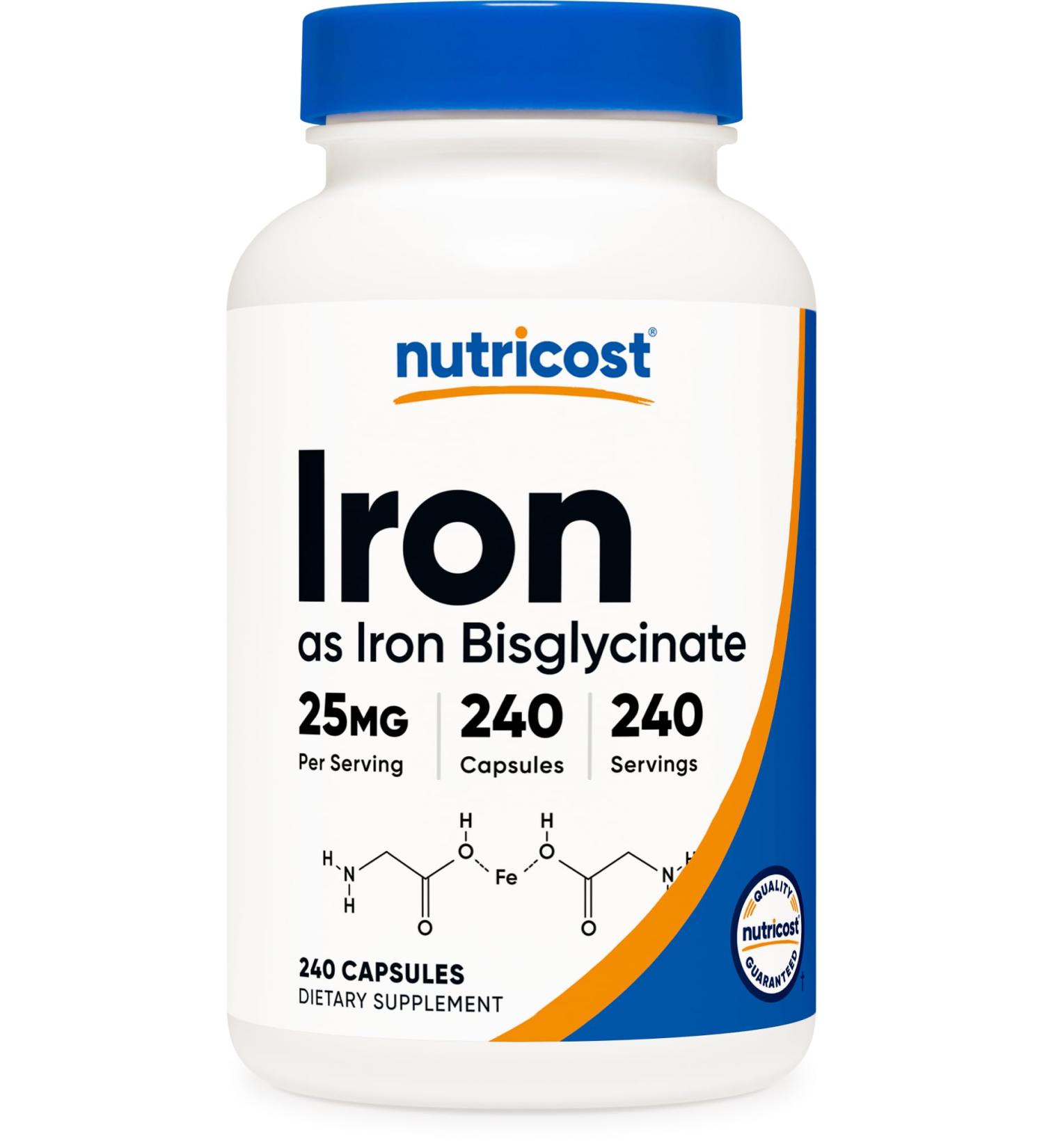 Nutricost Iron Bisglycinate Supplement (25mg) 240 Capsules - from Ferrous Bisglycinate Chelate - Non-GMO & Gluten-Free Gentle Iron 240 Count (Pack of 1) - Buy Online on GoSupps.com