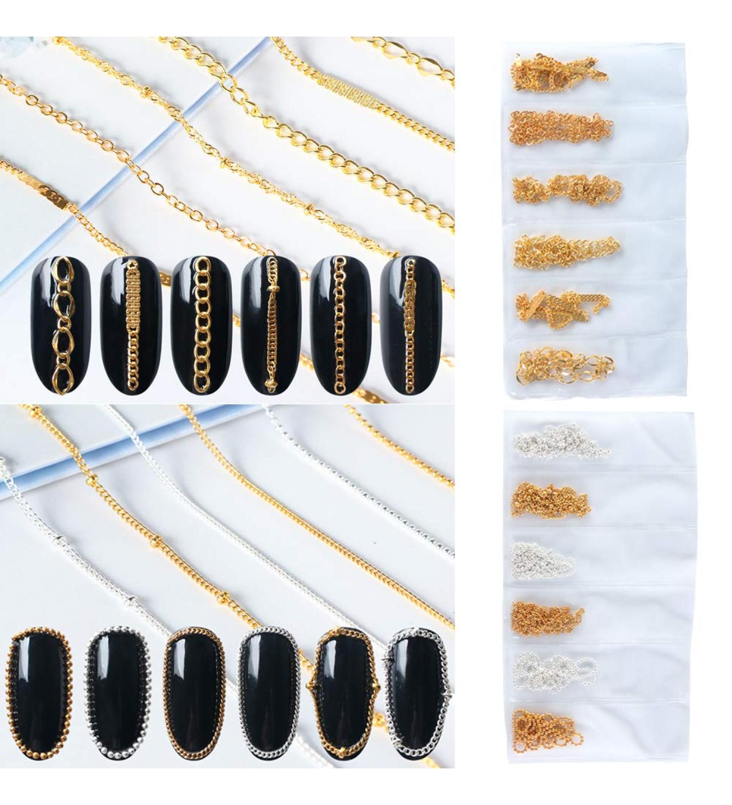 Metallic Nail Chains 3D Charms - Gold & Silver Glitter Nail Studs for Manicure - DIY Nail Art Supplies & Accessories - Buy Online on GoSupps.com