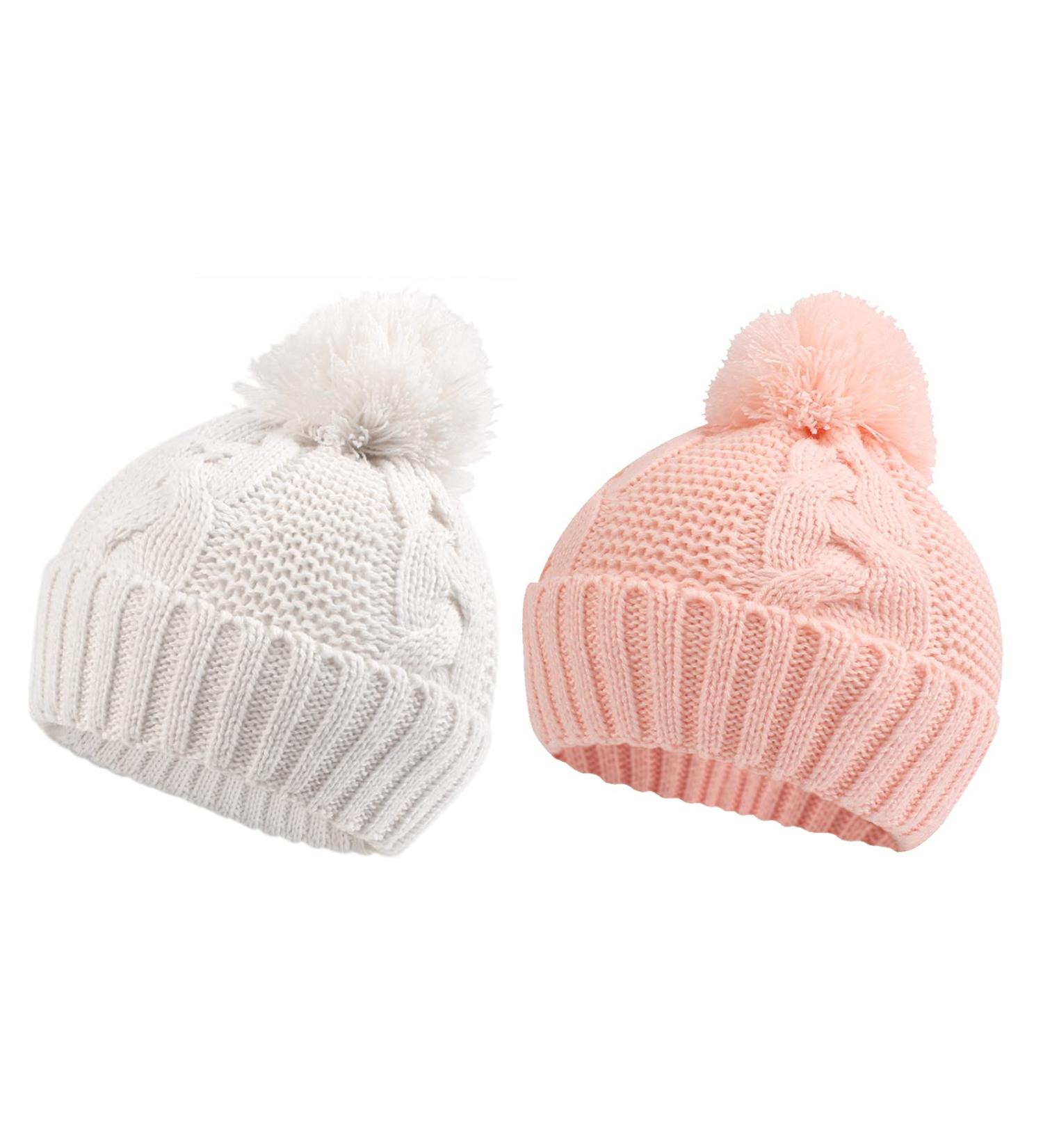 XIAOHAWANG Causal Winter Baby Knit Hat for Boys & Girls | Pompom Cap 0-3 Years | White+Pink - Buy Online on GoSupps.com