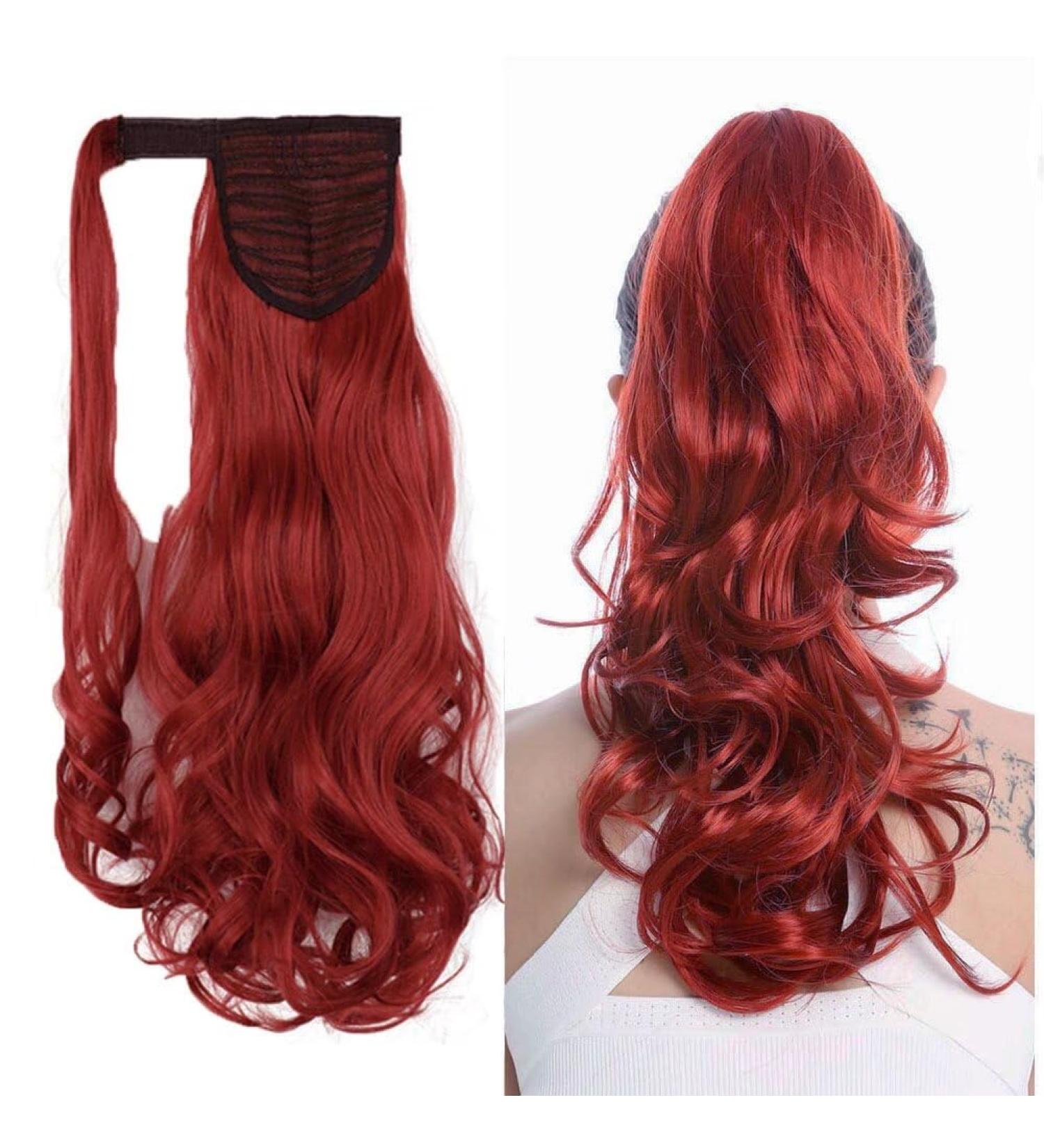 iLUU Wrap Around Ponytail Hair Extensions Long Curly Wavy Magic Paste Ponytial Hair 18Inch Bright Red Synthetic Binding Pony Tails (100g 130M Bright Red) #130M-bright red - Buy Online on GoSupps.com