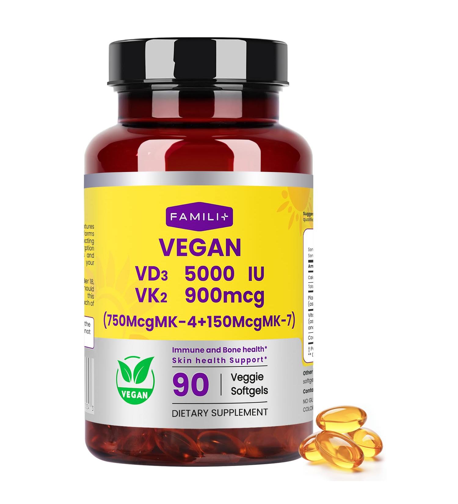 FAMILI+ 90 Days Vegan Vitamin D3 5000IU +K2 900Mcg Softgel with Coconut MCT Oil | 5000IU Plant Source Vitamin D3+750Mcg MK4+150Mcg MK7 | Broad Spectrum K2| Bone Muscel Teeth Overall Health|100% Vegan - Buy Online on GoSupps.com