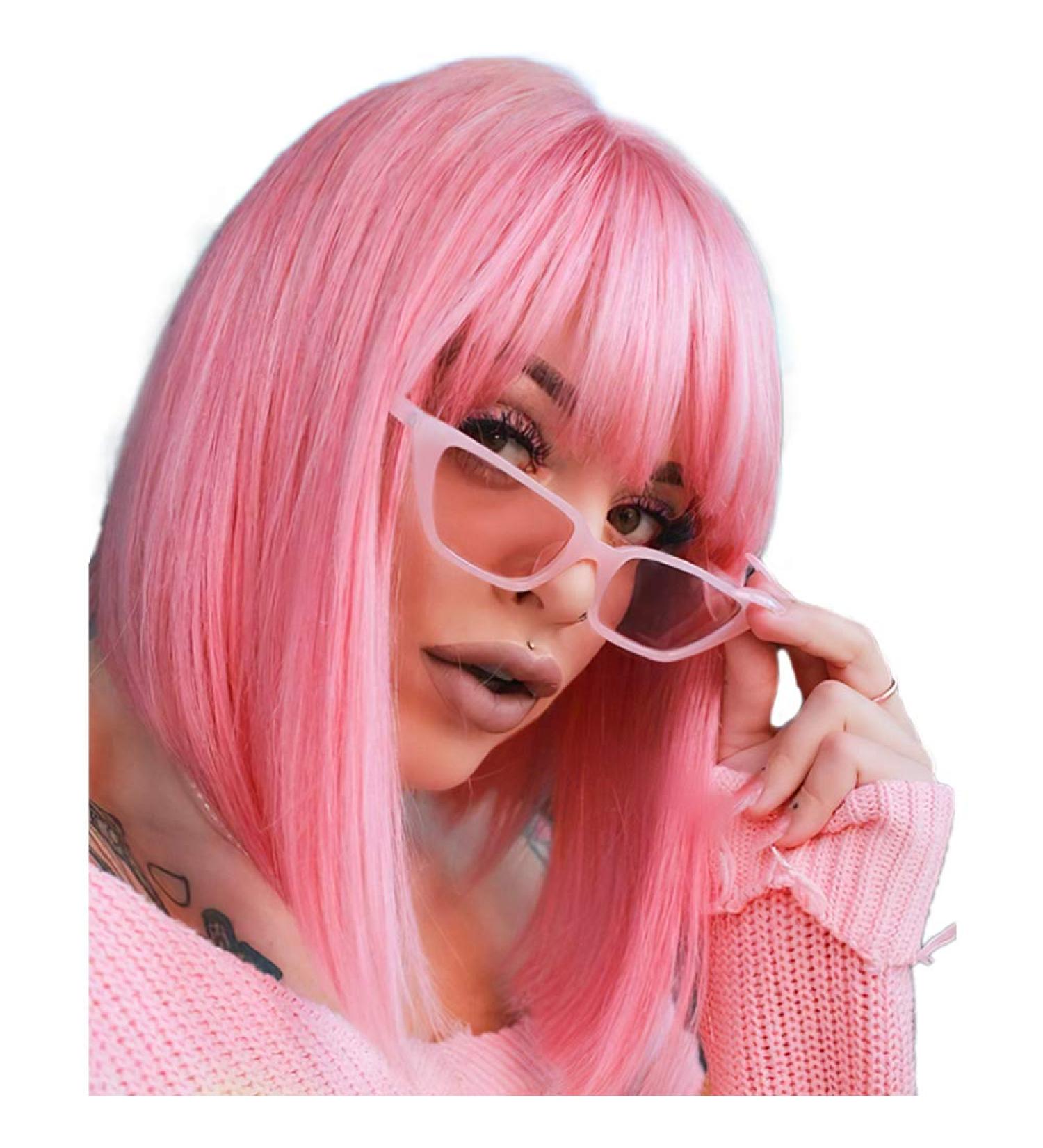 AISI BEAUTY 12 Inch Pink Bob Wig with Bangs - Short Straight Synthetic Cosplay Party Wig for Women - Buy Online on GoSupps.com