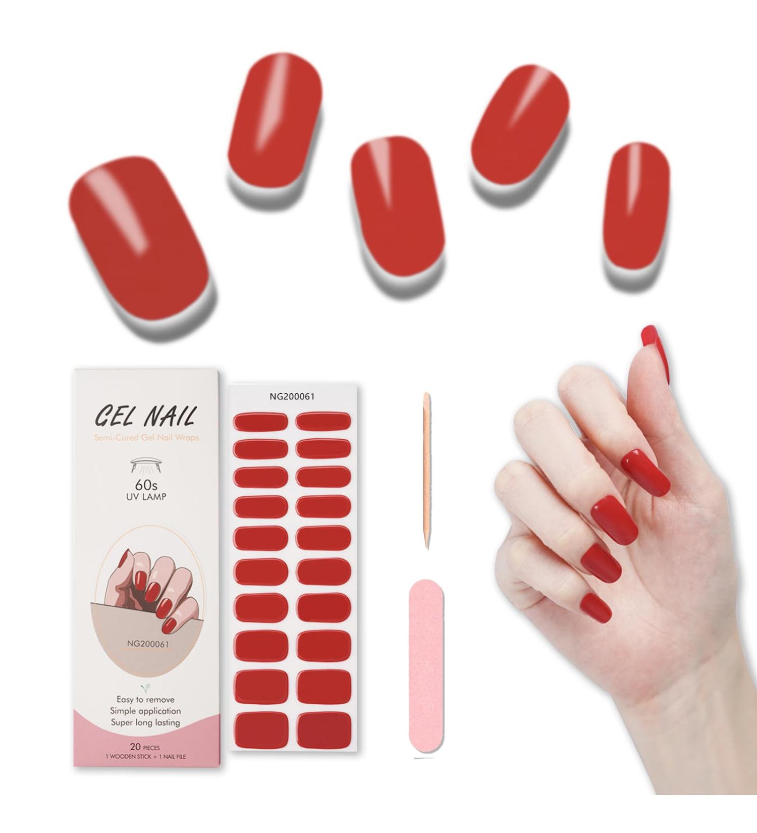 Foyute Semi Cured Gel Nail Strips 20 Pcs Soft Self-Adhesive Gel Nail Polish Wraps Sticker for Salon-Quality Manicure Set Long Lasting Easy to Apply & Remove Nail File & Wooden Stick (Red B) - Buy Online on GoSupps.com