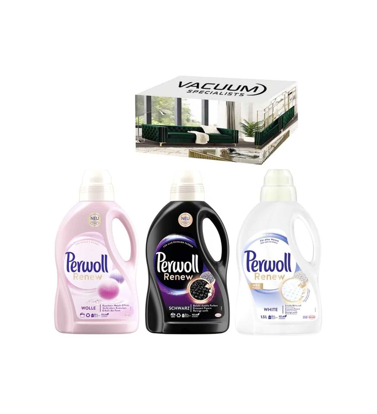 Perwoll Renew Laundry Detergent Combo Set. INCLUDES 1 X Perwoll Wool & Delicates 21 wash Loads 1 X Perwoll Renew & Repair Black 24 wash Loads 1 X Perwoll Renew & Repair White 24 wash Loads. - Buy Online on GoSupps.com