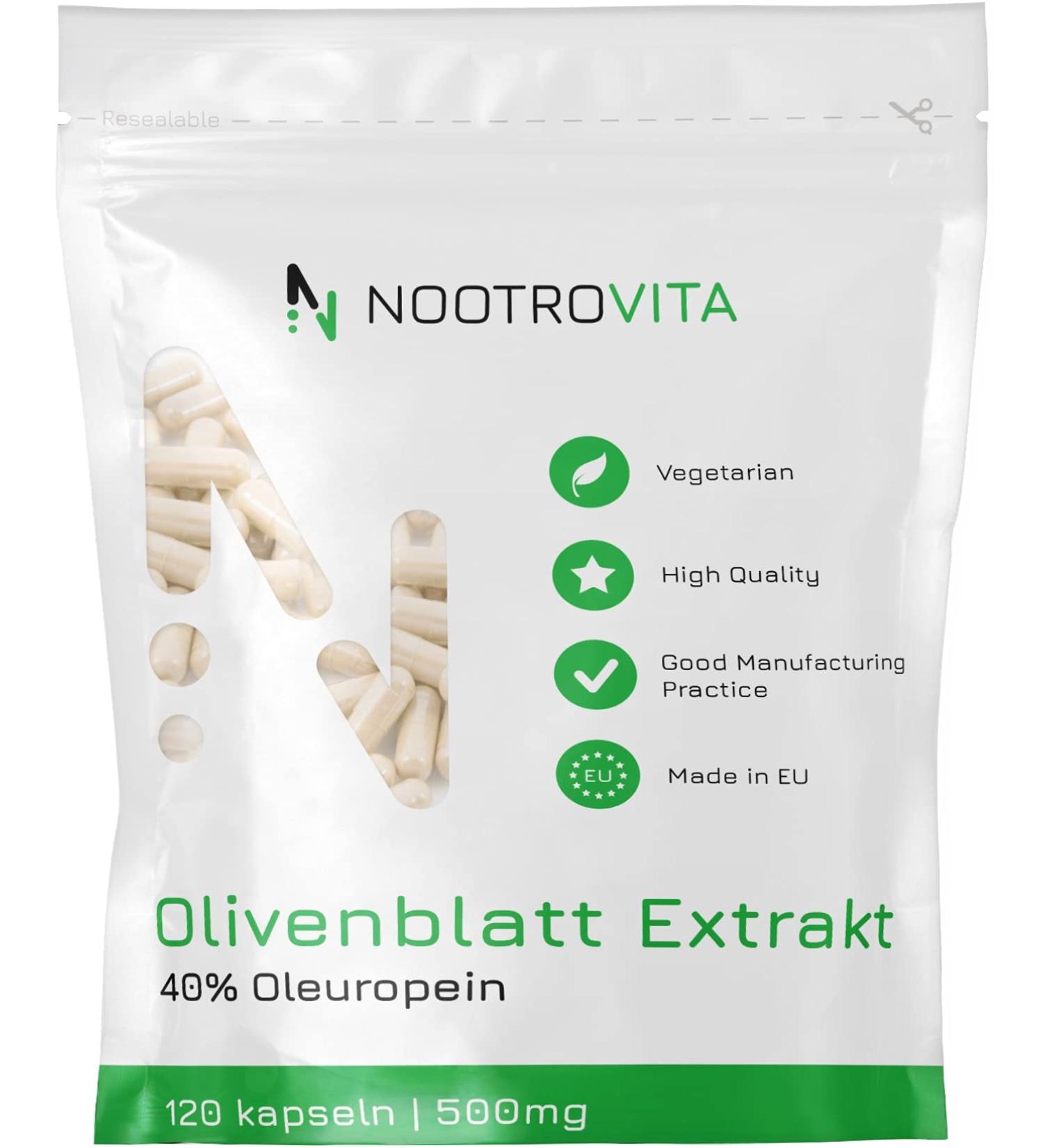Oliveblatte Extract 120 Capsules - 500mg Vegan Olive Leaf Extract | 40% Oleuropein | Allergen & Gluten Free | Made in ISO-Certified Facility - Nootrovita - Buy Online on GoSupps.com