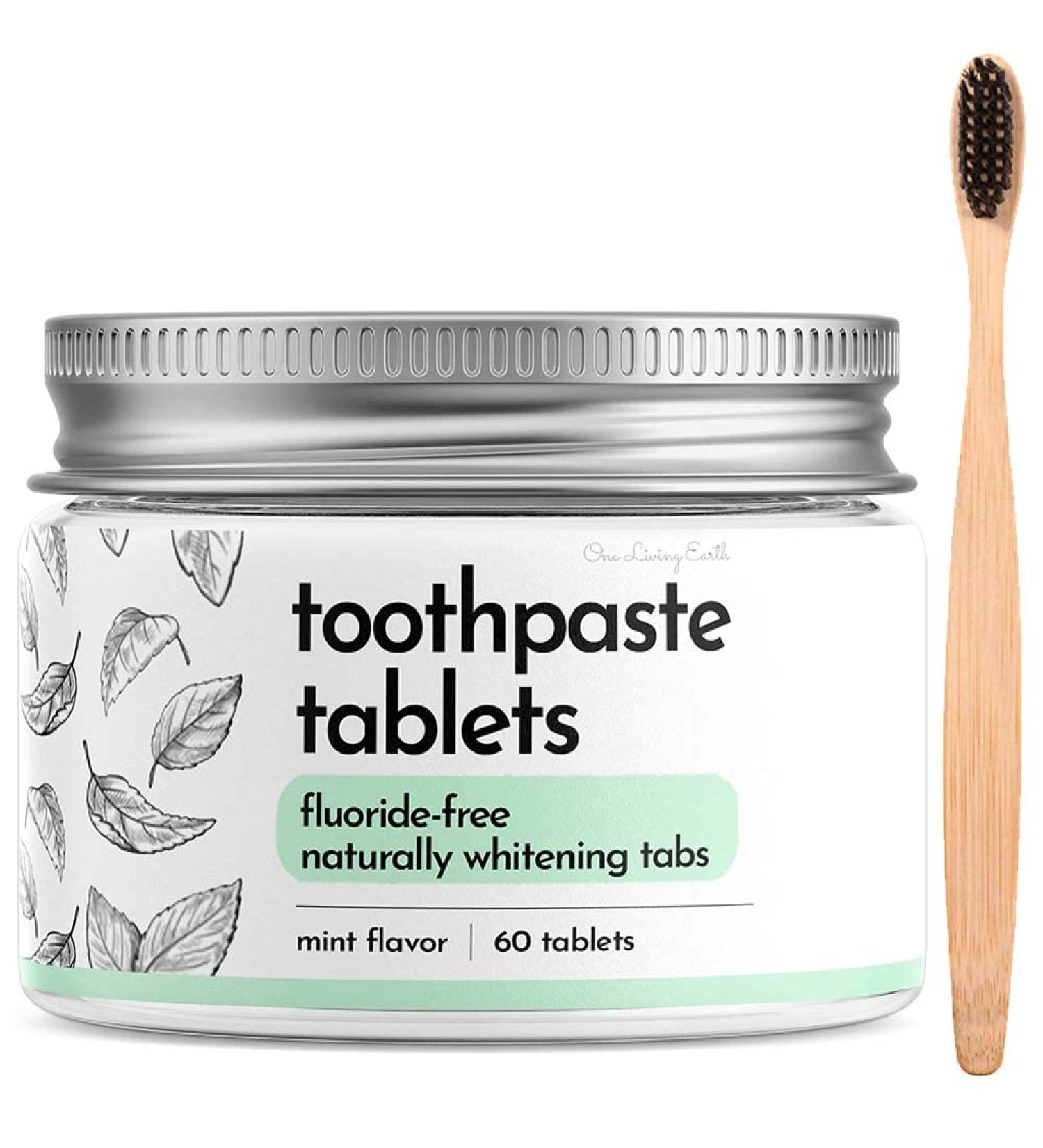 Spearmint Toothpaste Tablets & Bamboo Toothbrush Set | Travel Teeth Whitening Tabs for Adults & Kids | Fluoride-Free, Gluten-Free, Vegan | Eco-Friendly & Plastic-Free | 60 Tabs - Buy Online on GoSupps.com