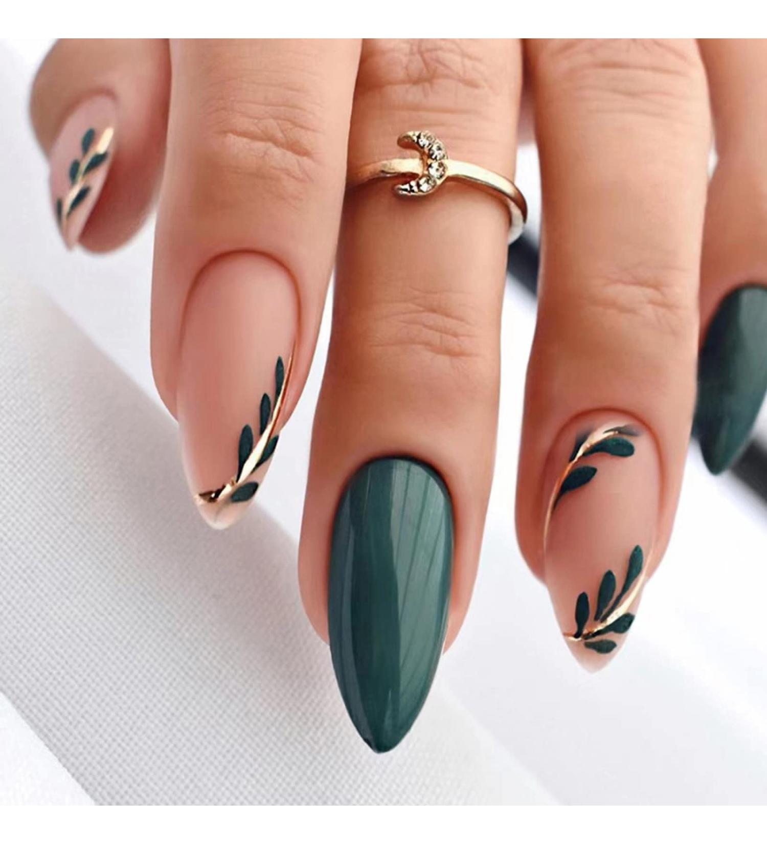 24pcs Short Almond Green Stick on Nails with Leaves Design - Nail Art Accessories for Women and Girls - Buy Online on GoSupps.com
