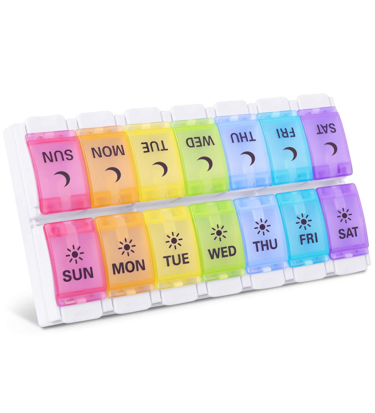 Easy Open Large 7 Day Pill Box Organizer - Twice a Day AM PM Vitamin Case with Push Button, Arthritis Friendly Rainbow Design - Buy Online on GoSupps.com