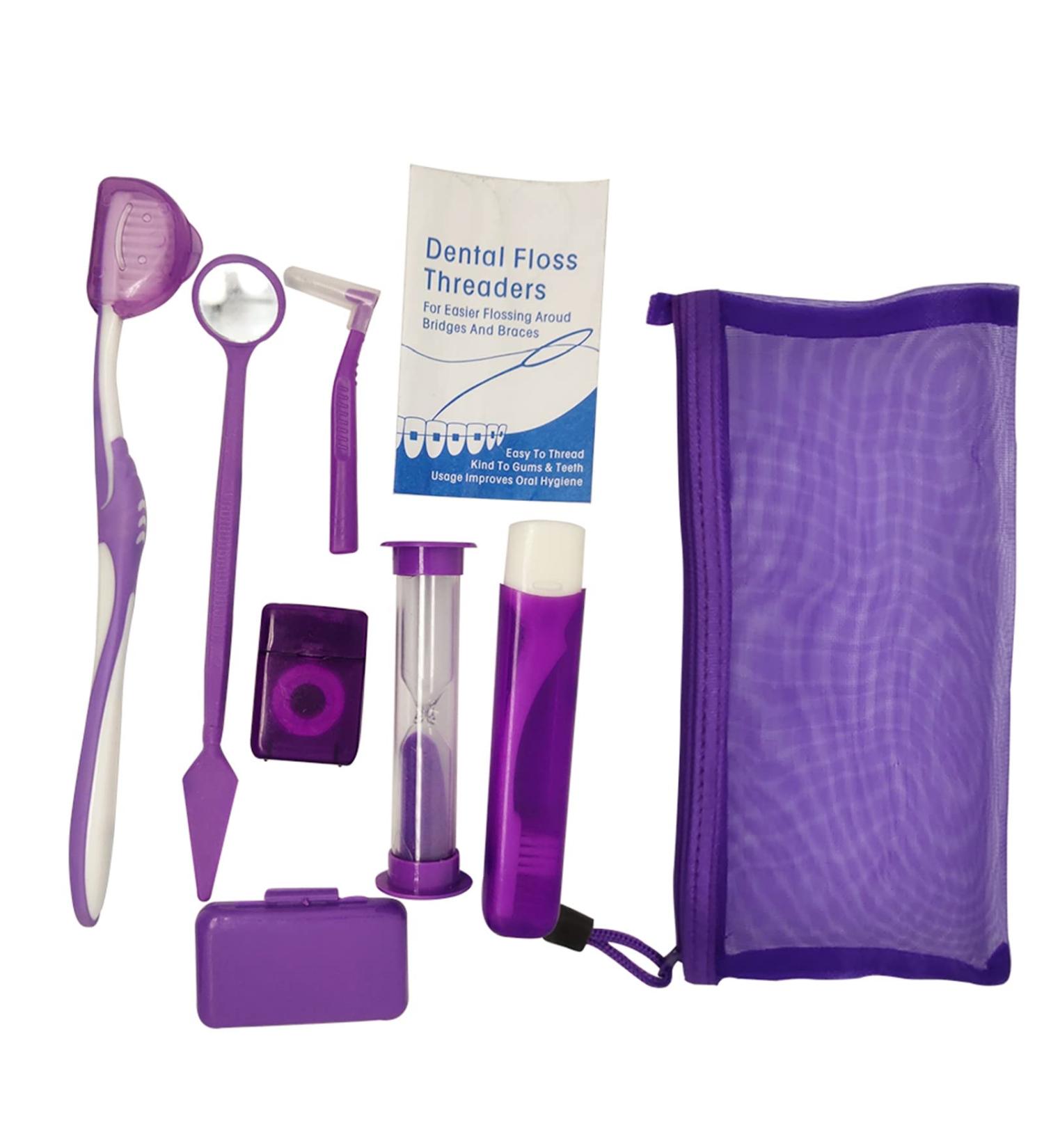 Portable Orthodontic Care Kit for Braces - Dental Travel Kit with Interdental Brush, Wax, Floss - Purple (8 Pcs) - Buy Online on GoSupps.com