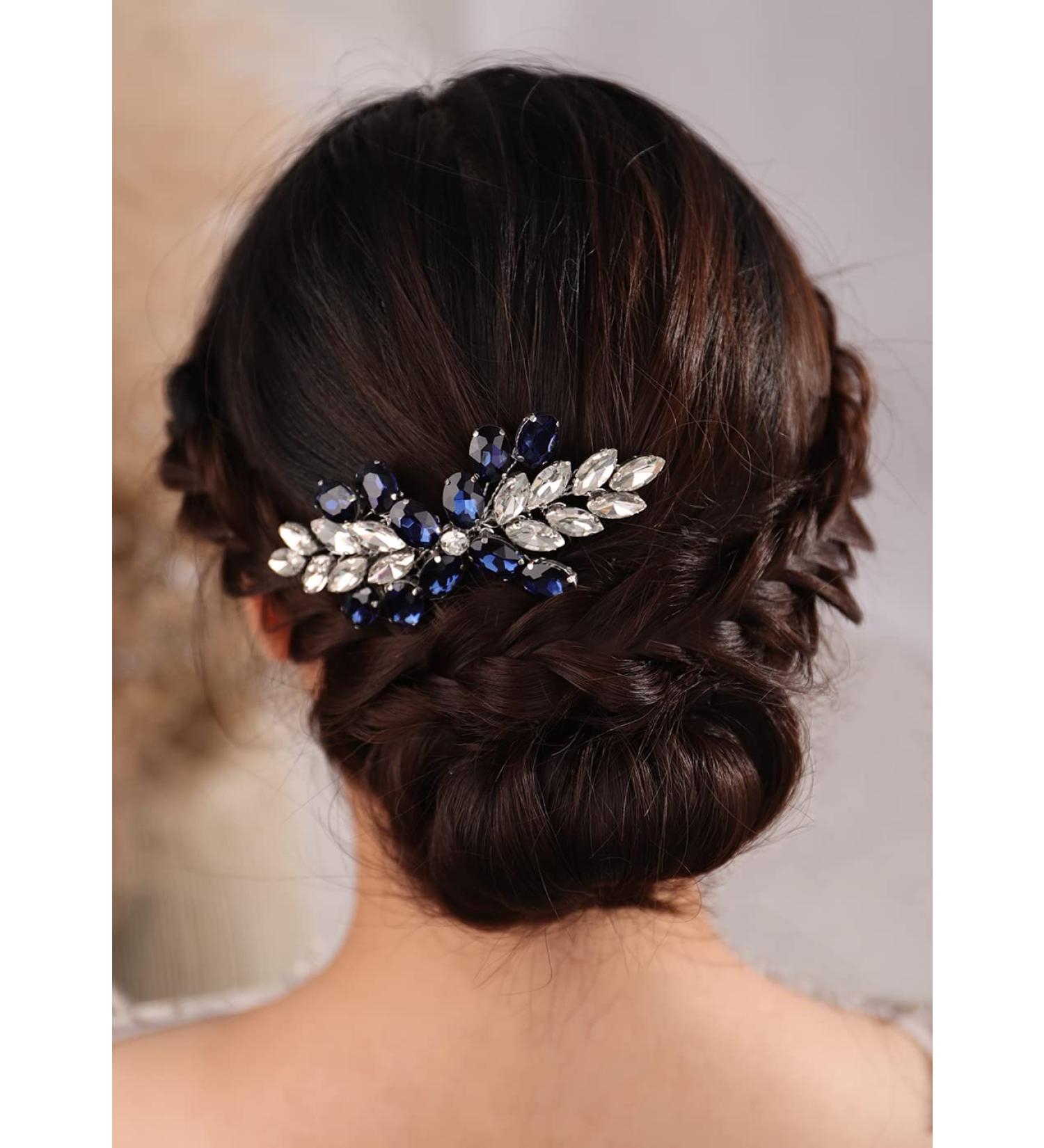 Kercisbeauty Dark Blue Crystal Hair Comb Wedding Bridal Bridesmaide Hair Accessories Shiny Handmade Girls Prom Hair Piece (Dark Blue) - Buy Online on GoSupps.com