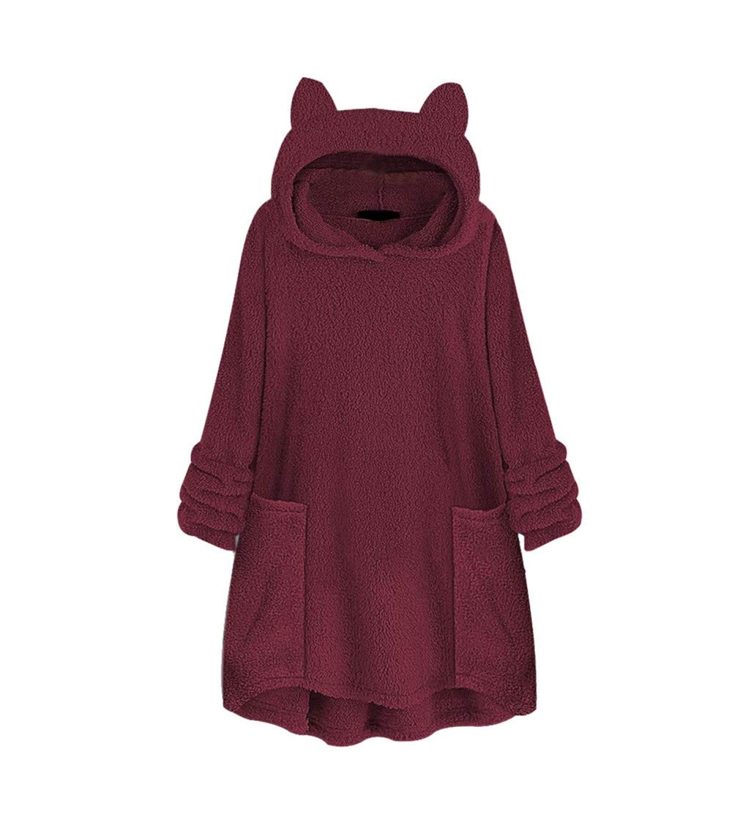 Bigfanshu Womans Tops Fleece Cat Ear Plus Size Long Sleeve Hoodie Pocket Top Sweater Blouse Wine - Buy Online on GoSupps.com