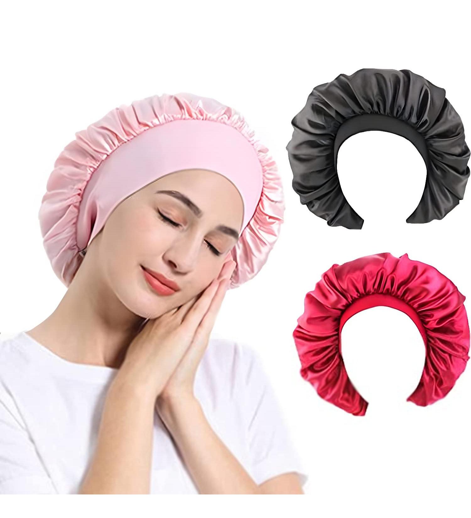 Satin Bonnet Night Sleep Caps - 3 Pack with Wide Elastic Band for Women and Girls - Silk Hair Wrap for Curly Hair - Pink Black Red - Buy Online on GoSupps.com